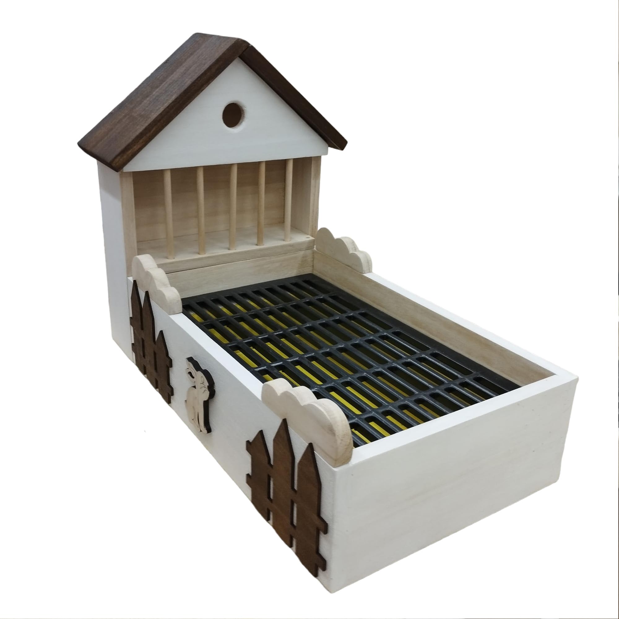 Lettiera e Mangiatoia in legno per conigli in stile Ranch, con vasca e griglia in polipropilene personalizzazione incisione laser su legno (C5 Bianco Satinato)