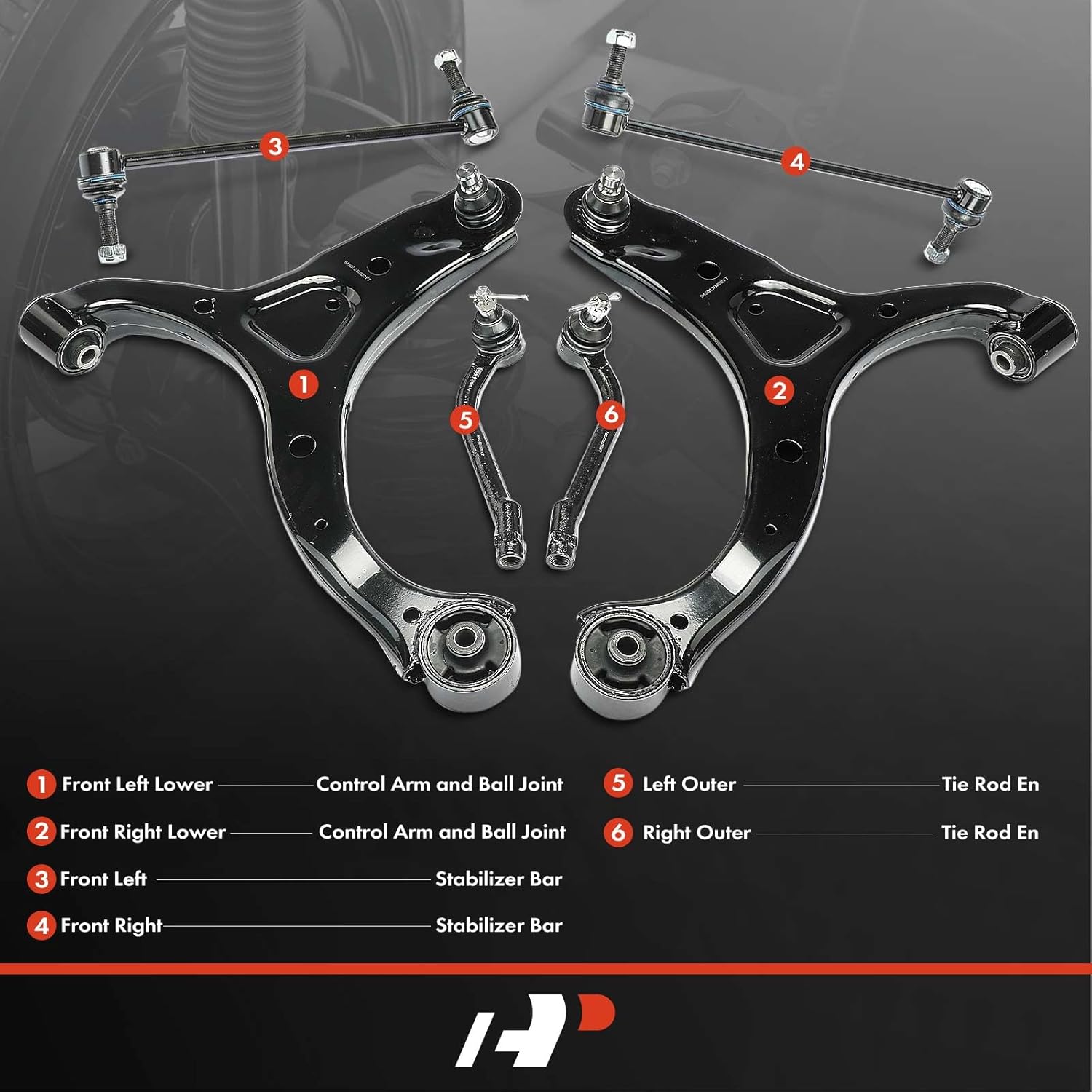 A-Premium Set of 6, Front Lower Control Arm, Sway Bar Link, Outer Tie Rod End, Compatible with Hyundai Santa Fe 2007 2008 2009