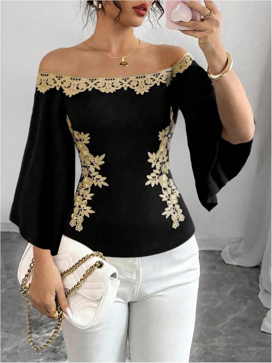 SweatyRocks Women's Off The Shoulder Bell Sleeve Top Floral Applique Fitted T Shirts - Image 2