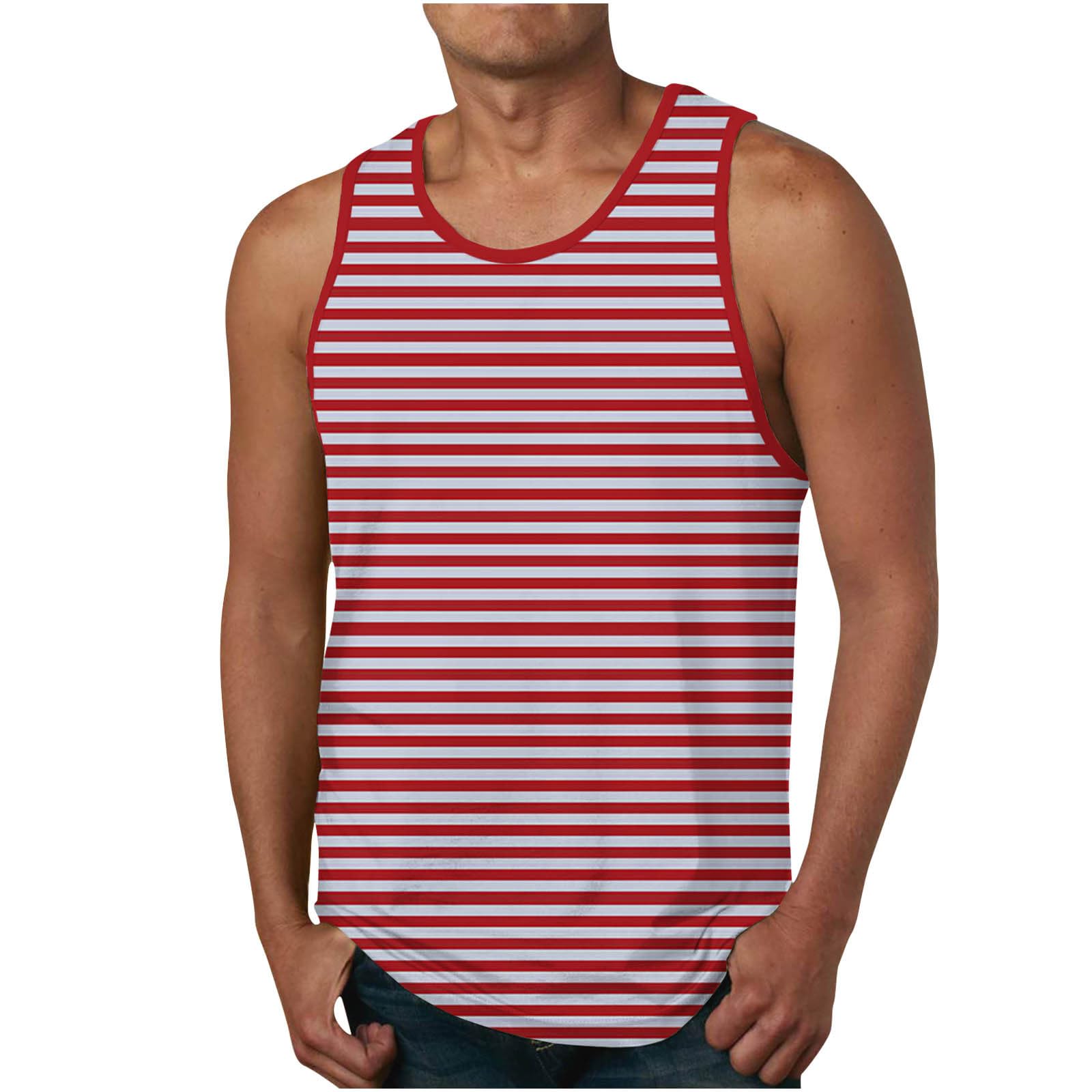 HAOLEI Tallas Grandes Camiseta Tirantes Hombre,Chaleco Hombre con Cuello en Redondo Camiseta Hombre de Sin Manga con Estampado de Rayas Casual Multicolor T-Shirt Fresca Verano Playa Camisetas