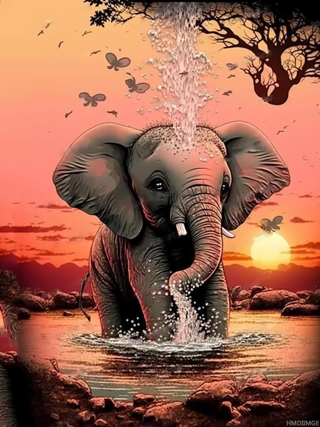 HMDIIMGE Sunset Elephant Diamond Painting Kits, Cartoon Animal Diamond Painting, 5D Full Circle Crystal Dot Diamond Art Kit for Adult, for Home Decor Club Decor or Gifts 12x16 Inch
