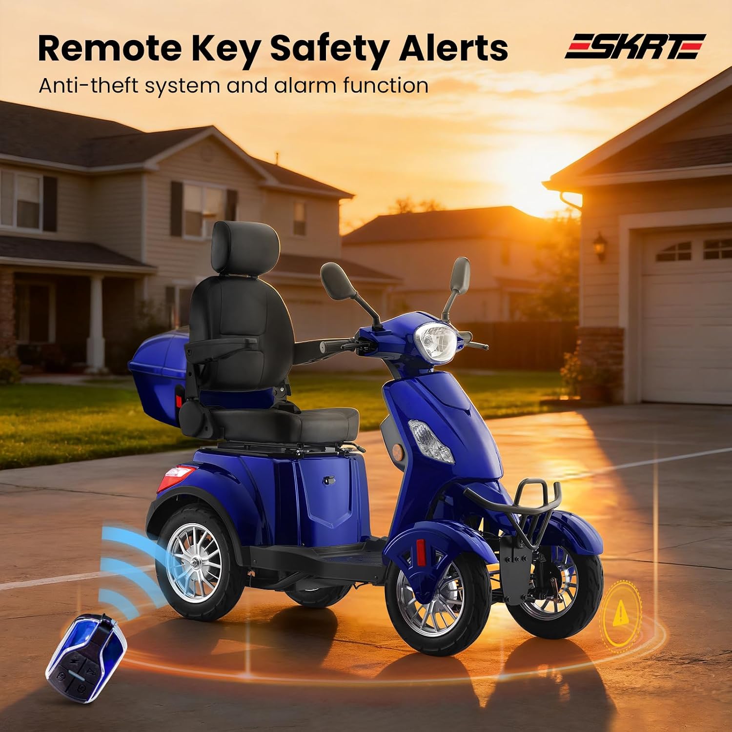 A person riding the blue SKRT mobility scooter up a paved incline, with text indicating 'Easily Overcome A 20° Slope', 'Anti-slip wheel', and 'Strong Climbing'.