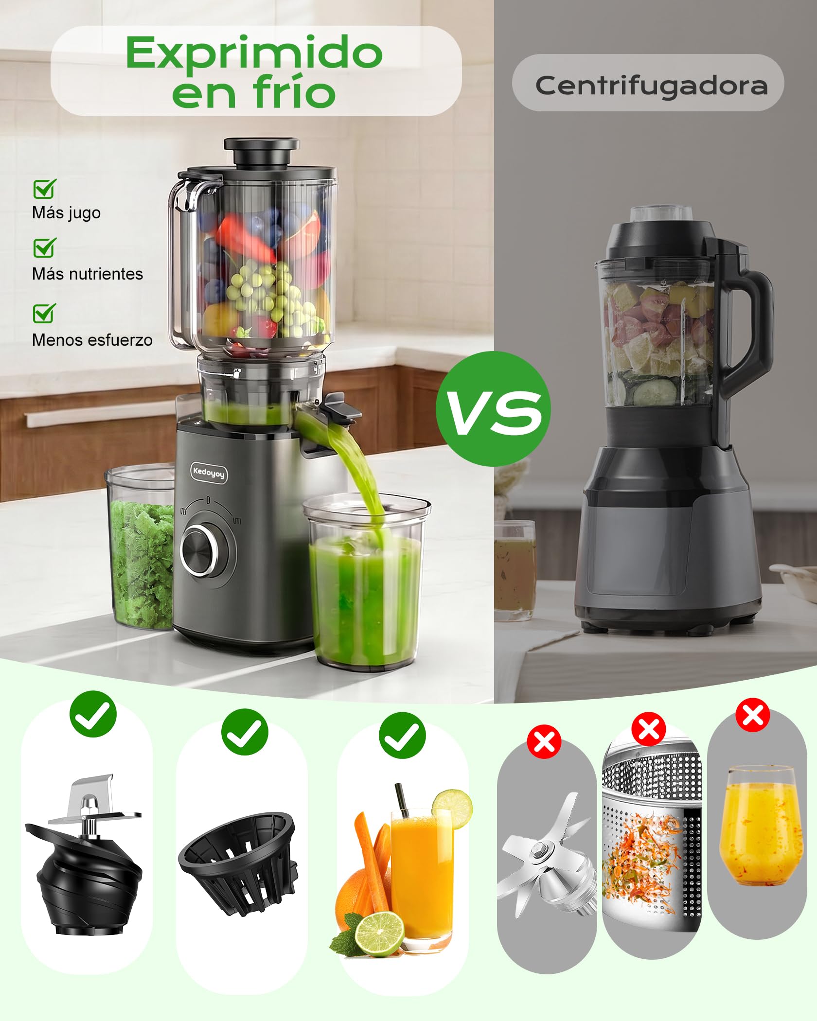 Exprimidor de frutas y verduras, 130mm XL | 1,8L Slow Juicer, 600 ml, sin BPA, fácil limpieza, para familias, color gris
