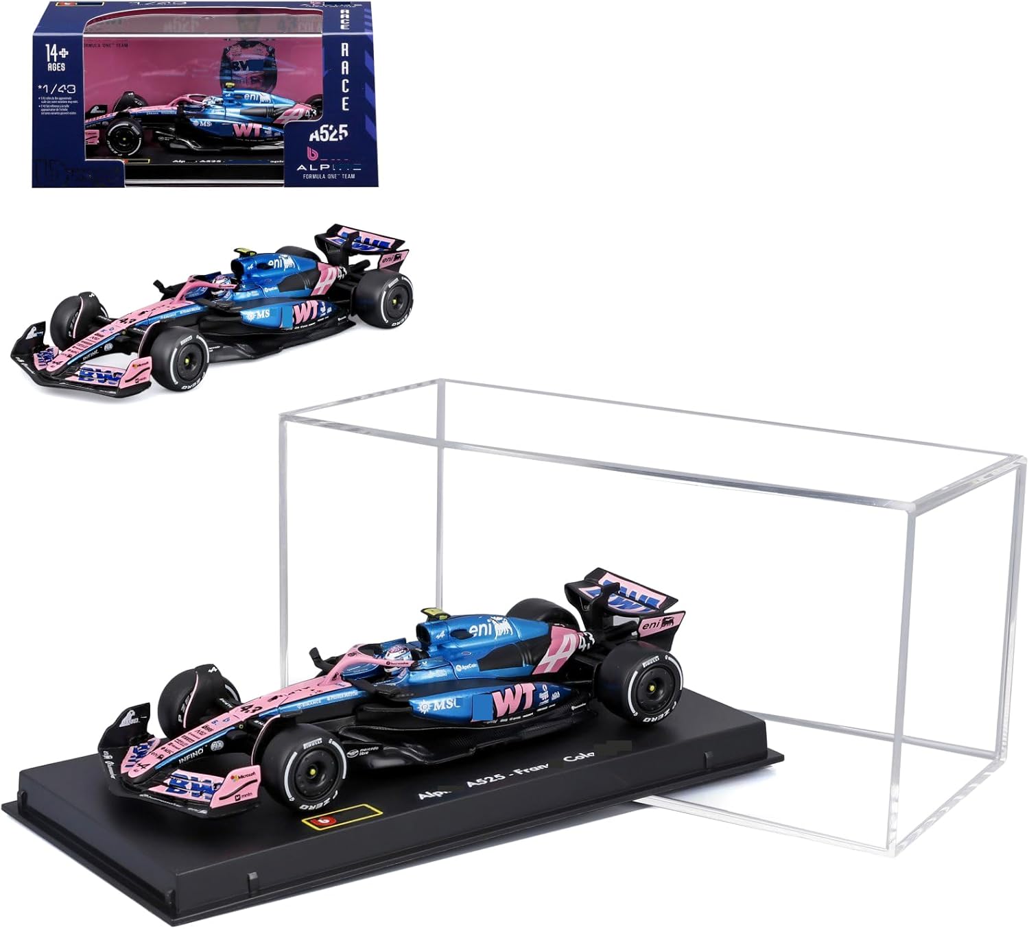 HTLNUZD 2025 1/43 F1 A525#43 Colapinto Racing Modelo de Aleación Diecast - Adorno de Colección Estática para Adultos de Fórmula Uno (Versión con Caja Acrílica Deluxe)