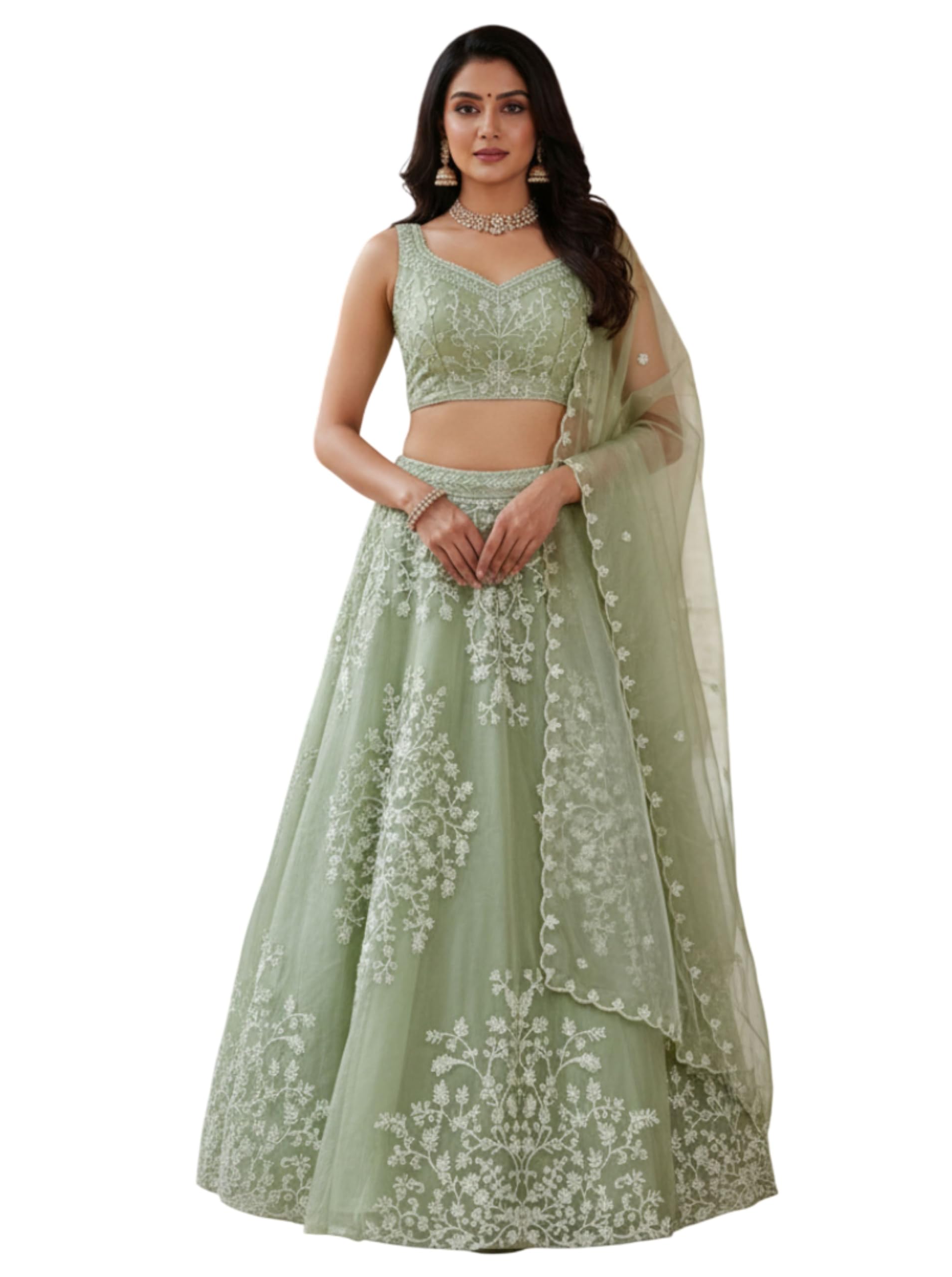 Elegant Sage Green Organza Floral Embroidered Lehenga Set-image-42