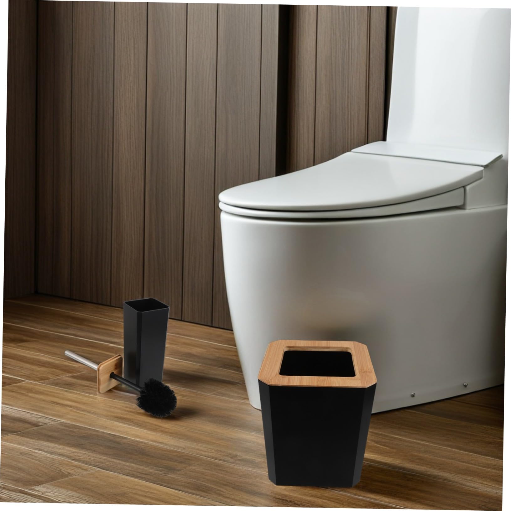 SOIMISS Set de Accesorios de Baño Negro de Bambú y Plástico Dispensador de Jabón y Vaso para Cepillo de Dientes, Fácil Mantenimiento y Organización para Hogar o Hotel