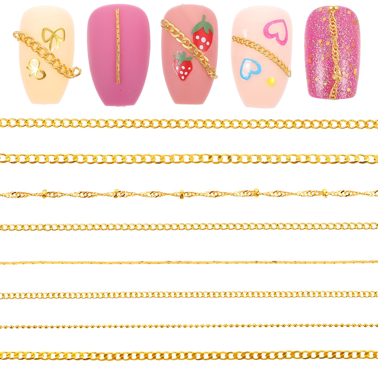 Xinjoduz 8 PCS Gold Charms for Nails, 19.7 Inch Metal Nail Art Chain for Nails 3D Gold Nail Jewelry Charms Bling Nail Art Accessories for Women Manicure Decoration & DIY Making Nails(8 Style)