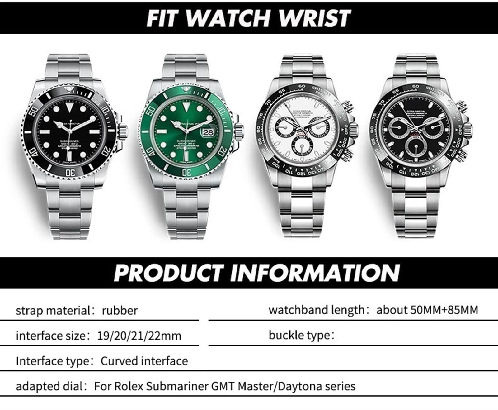 20mm 21mm 22mm Gummi-Armband passend für Rolex Submariner GMT Master Daytona Silikonarmband schwarzes Uhrenarmband