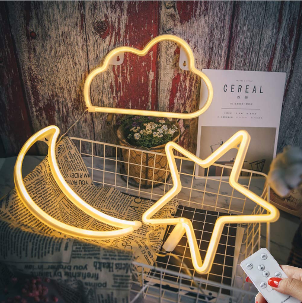 Remote Control Warm White Star Moon and Cloud Neon Night Signs Decorative LED Light Art Wall Decor for Bedroom Halloween Party Powered by Batteries (Warm White)