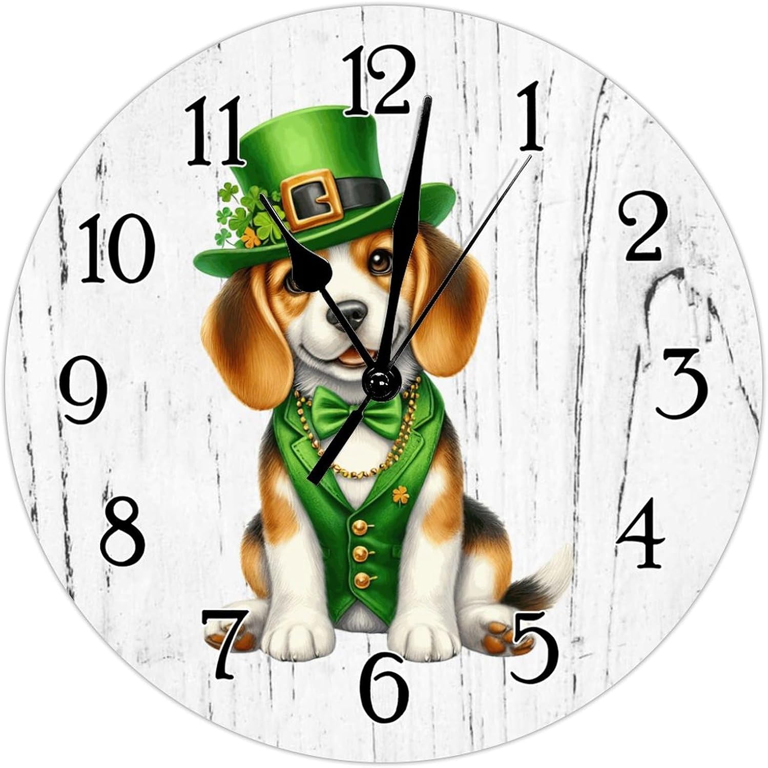 Beagle Dog St. Patrick's Day Wooden Decorative Wall Clock Beagle Dog Green Leprechaun Hat Leaf Clock Battery Operated Silent Wood Wall Clocks Dog Memorial Wooden Clock 12x12in, sgb6lh4y1bhk