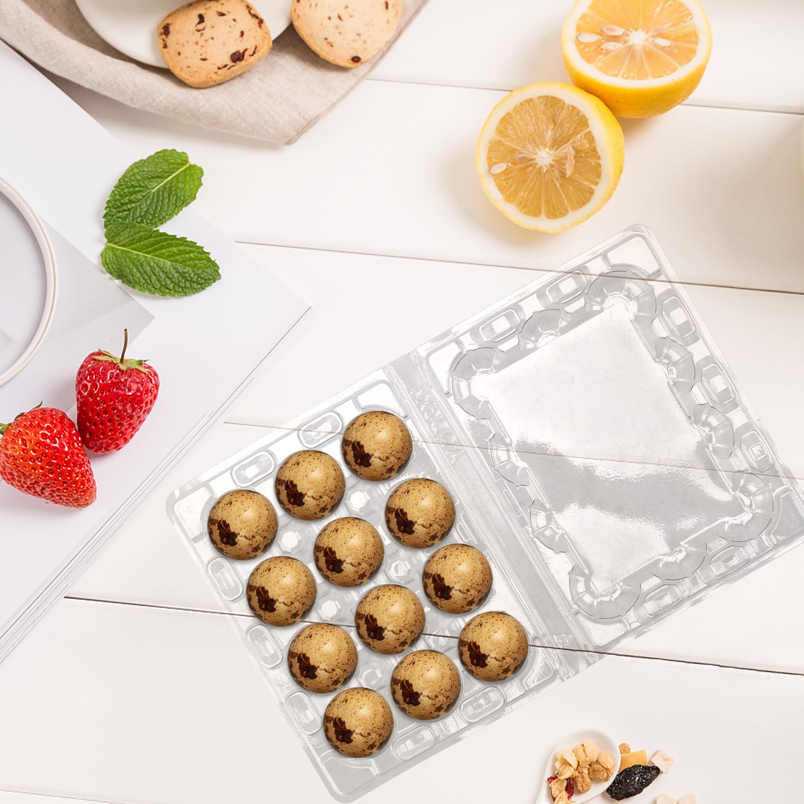 JOIKIT Paquete de 100 cajas de huevos de codorniz de plástico transparente de 12 rejillas, bandeja organizadora apilable para cocina, mercado, granja