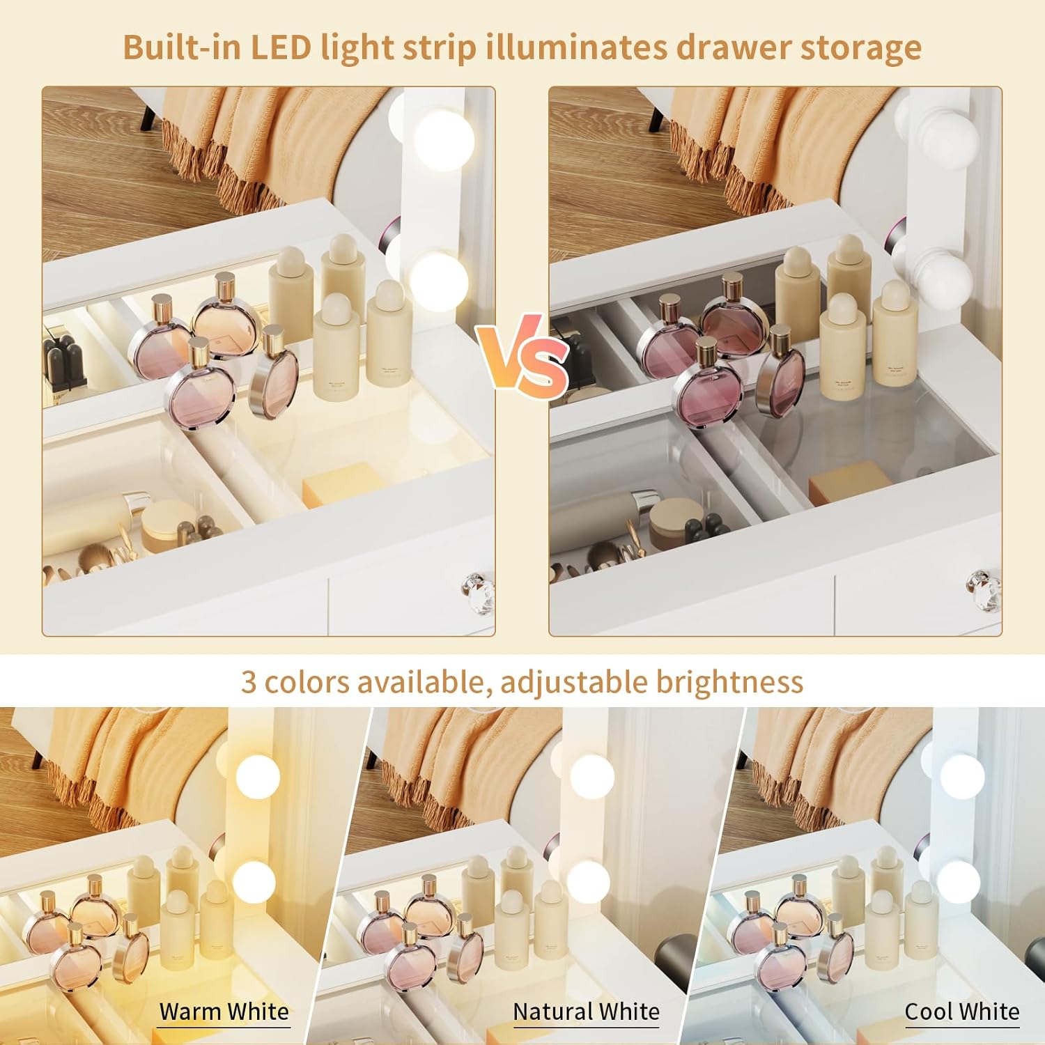 VOWNER Vanity with Lighted Mirror - Makeup Vanity Desk with Glass Top and 11 Drawers, 3 Color Lighting Modes Adjustable Brightness, 46" Vanity Table with Soft Cushioned Stool for Bedroom, White