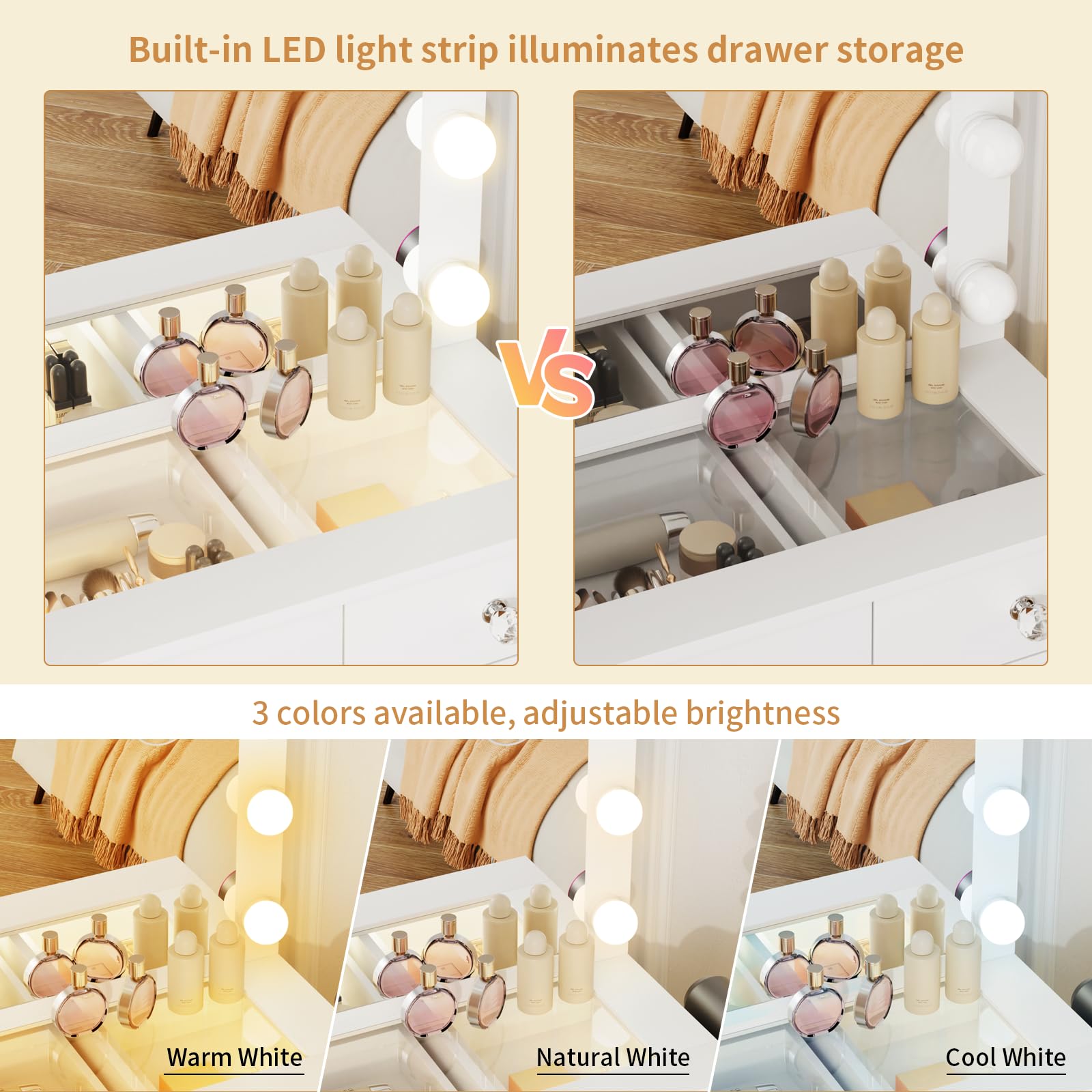 VOWNER Vanity with Lighted Mirror - Makeup Vanity Desk with Glass Top and 11 Drawers, 3 Color Lighting Modes Adjustable Brightness, 46