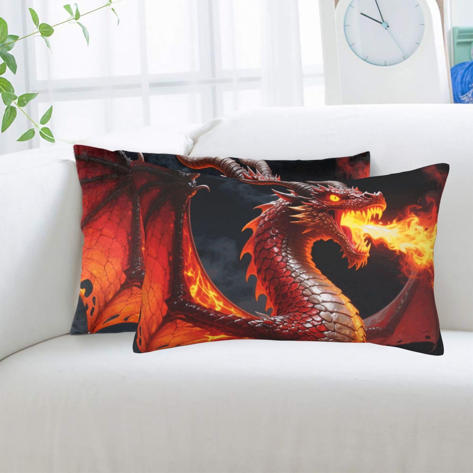 2 Pack Standard Pillowcases Sets, Ultra Soft Comfort Microfiber Plush Pillow Cases Fire Dragon Decorative Throw Pillow Cover with Hidden Zipper for Bedroom, Sofa, Couch,20"X30"