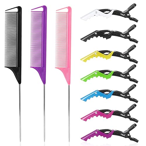 Rat Tail and Parting Combs with Styling Clips: 3 Metal Teasing Combs for Braids, 7 Professional Sectioning Hair Clips - 10 Piece Set