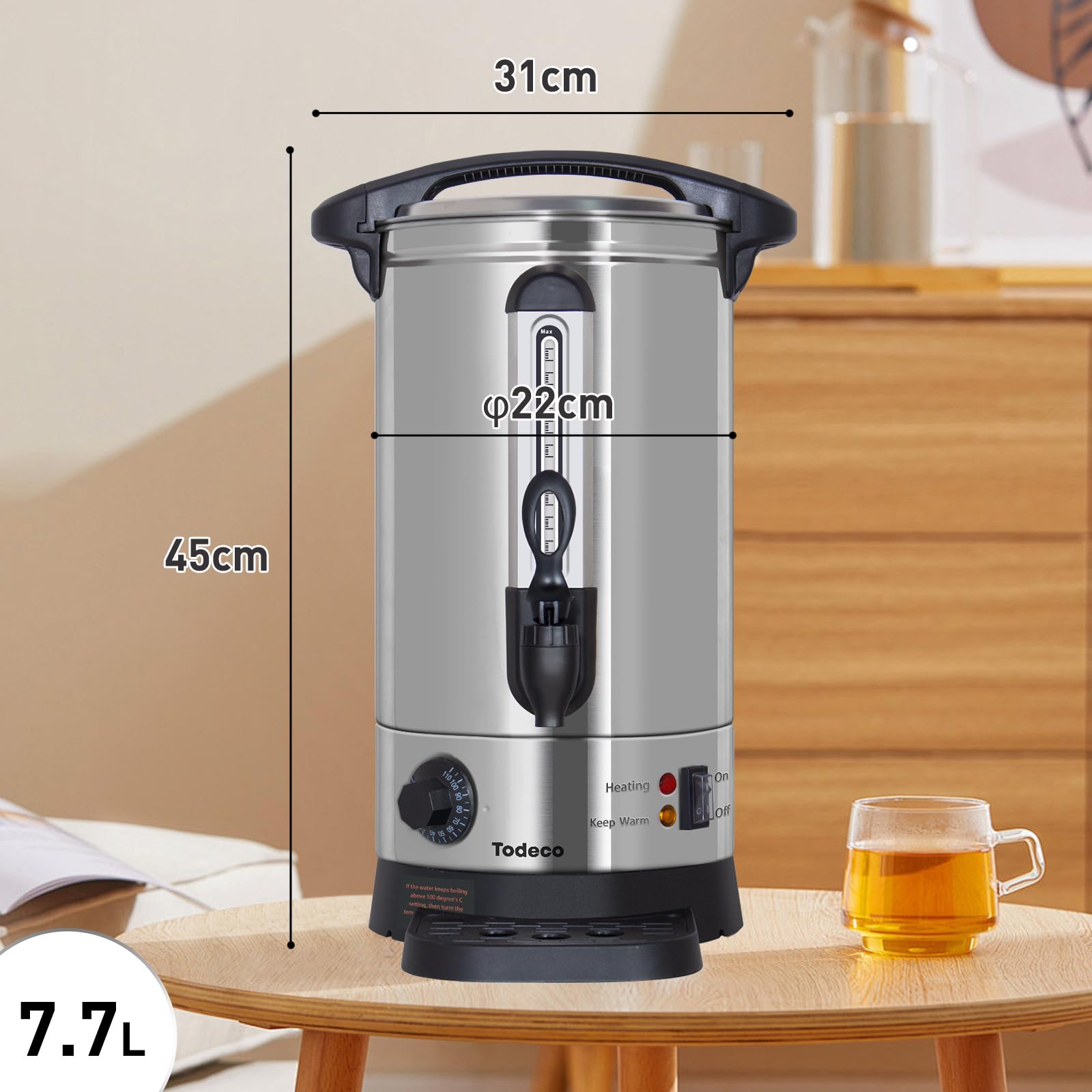 Todeco Bollitore per Vin Brulé 7,7 L, Macchina per Bevande Calde in Acciaio Inox 1500 W con Rubinetto, Vaschetta di Raccolta, Termostato 30–110 °C, per Vin Brulé, Tè, Caffè