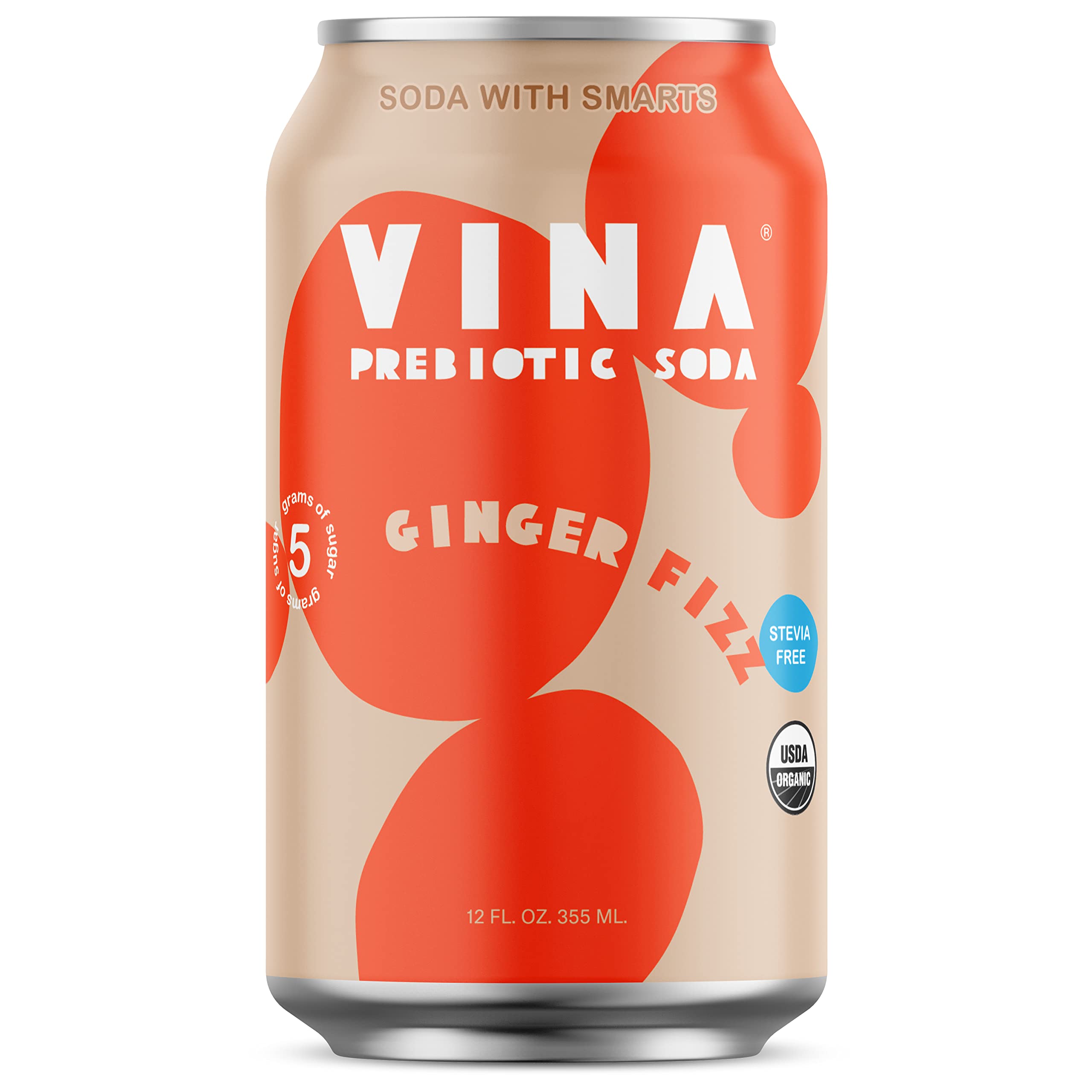 VINA Ginger Fizz Sparkling Prebiotic Soda w/ Essential Blend of Trace Minerals, Plant Fiber, Supports Gut Health and Immunity, USDA Organic, Low Sugar & Low Calorie