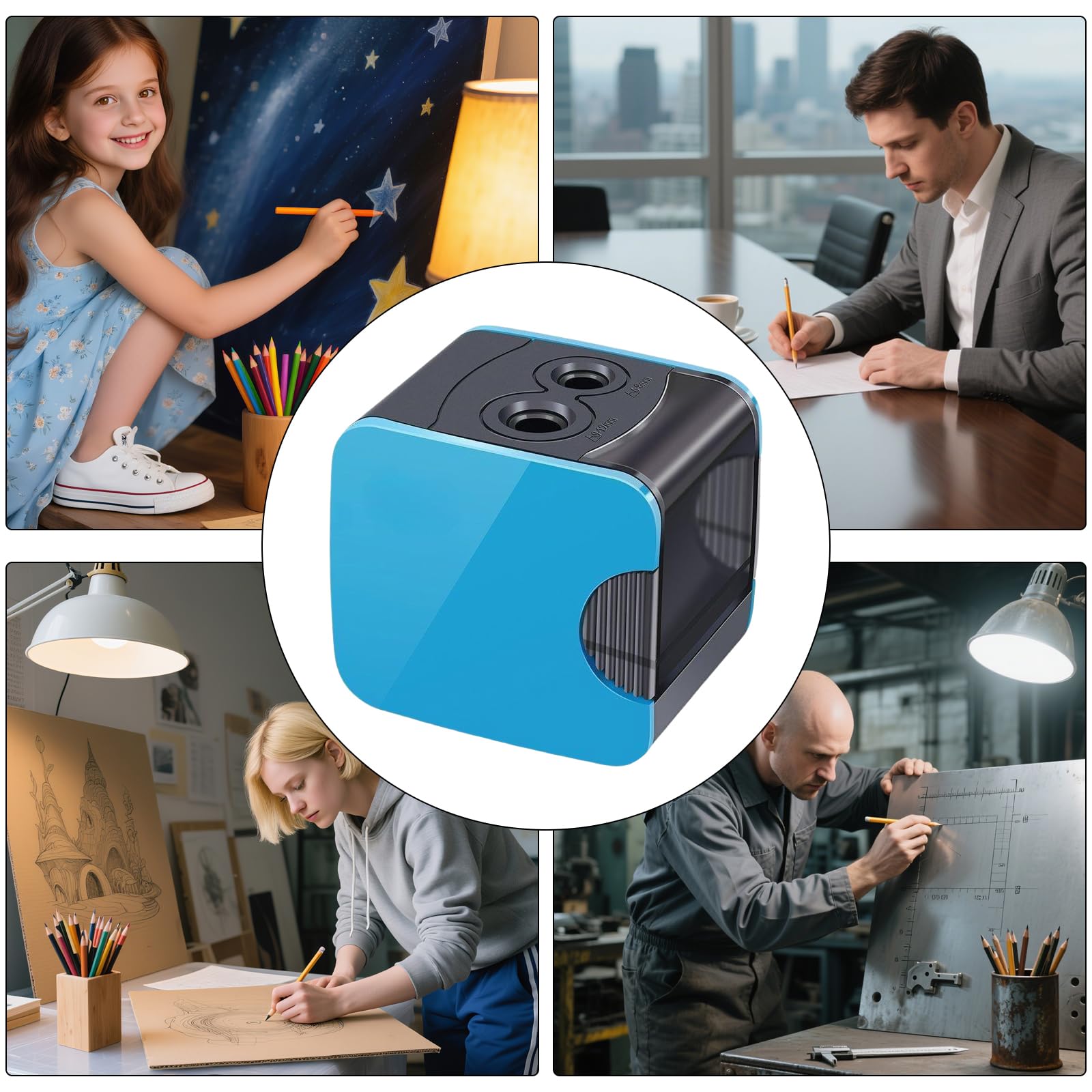 elektrischer anspitzer，Elektrischer Spitzer für Kinder Doppelloch elektrischer spitzer dicke und dünne stifte，Perfekt für Kinder im Büro oder zu Hause (blue)