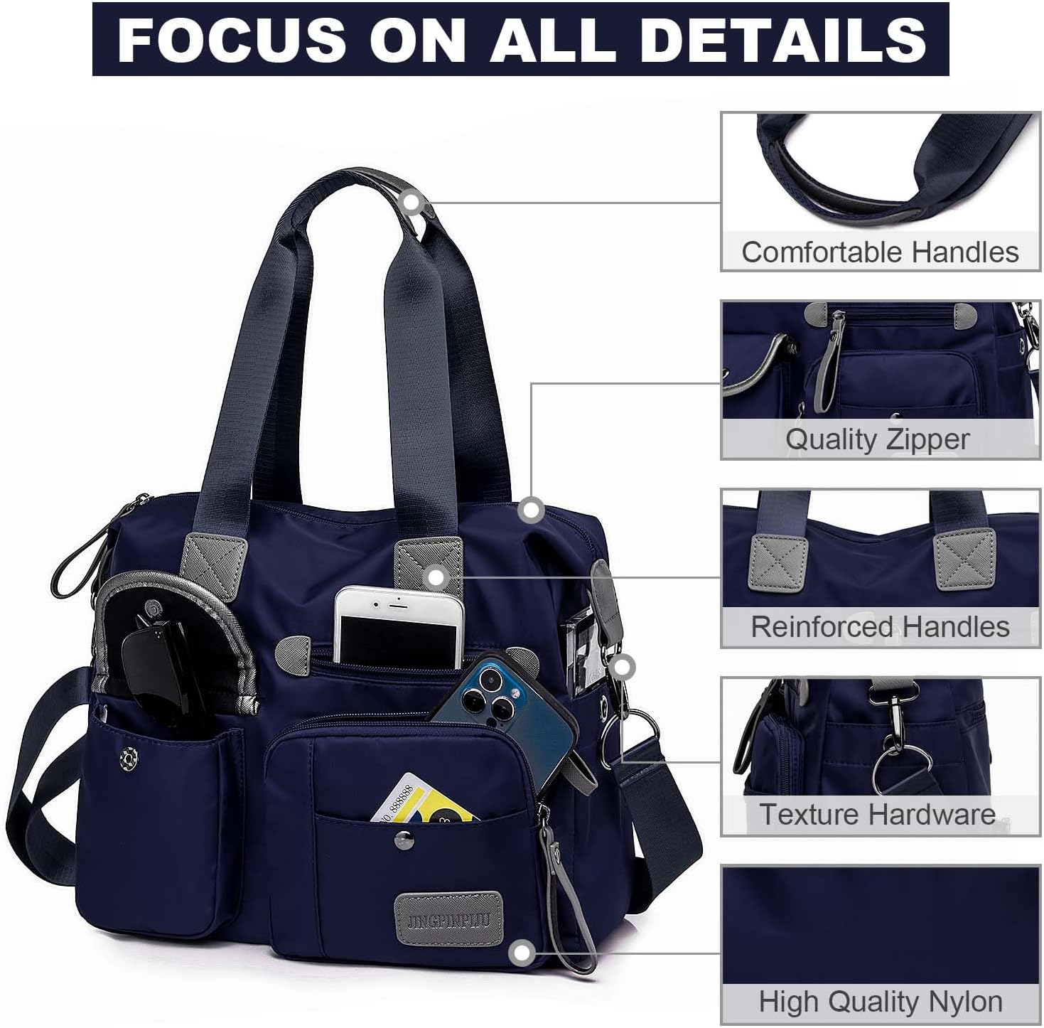 Tote Bag for Women,Multi Pockets Shoulder Handbag,Nurse Bag for Work,Large Cross body Purse,Fashion Nylon Top Handle Satchel - Image 4