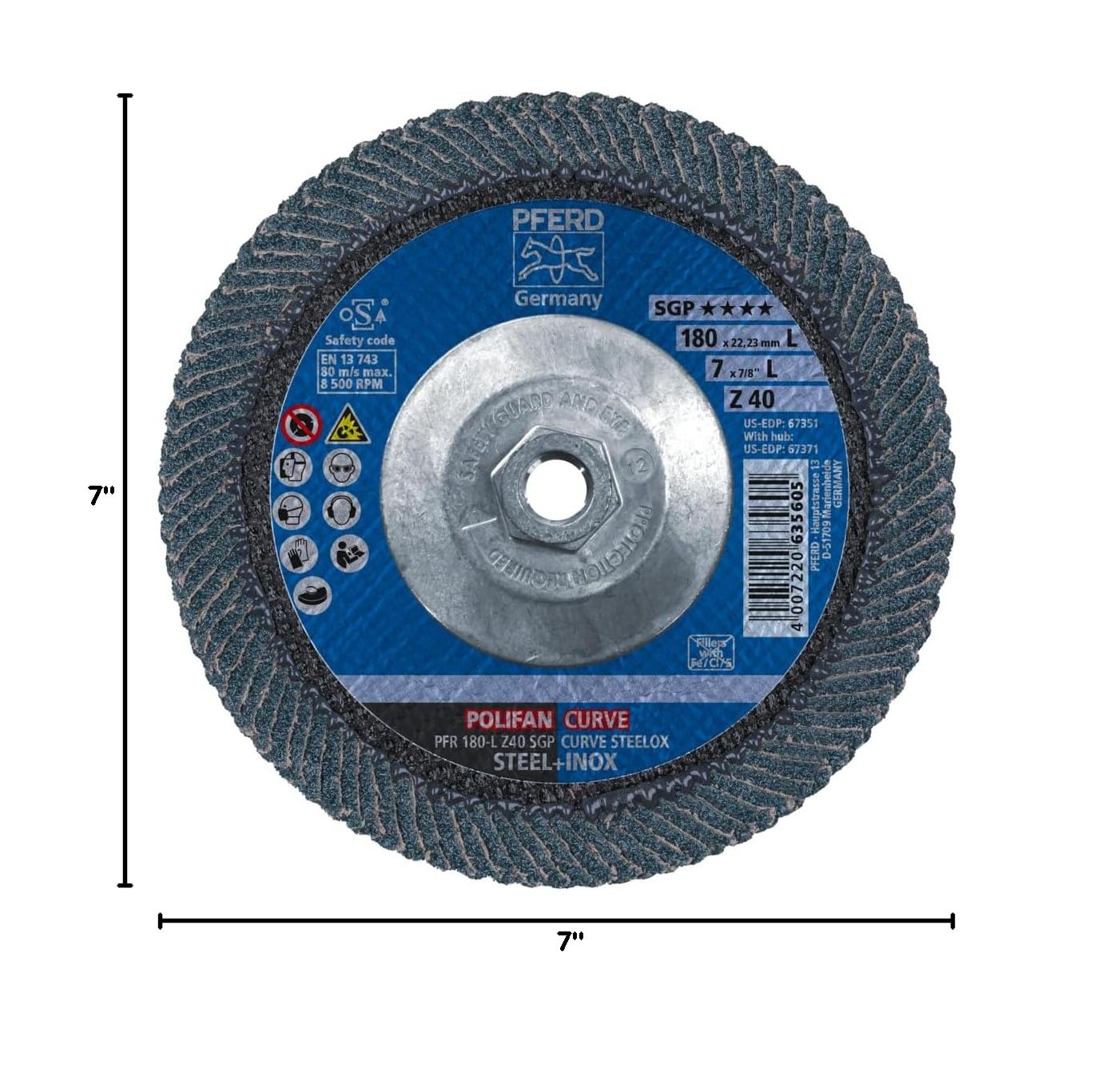 PFERD POLIFAN®-Curve Radial Type Flap Disc - 7" x 5/8-11" Thread, 40 Grit Zirconia, for Steel and Stainless Steel (INOX) Grinding (Pack of 1) - Part 67371