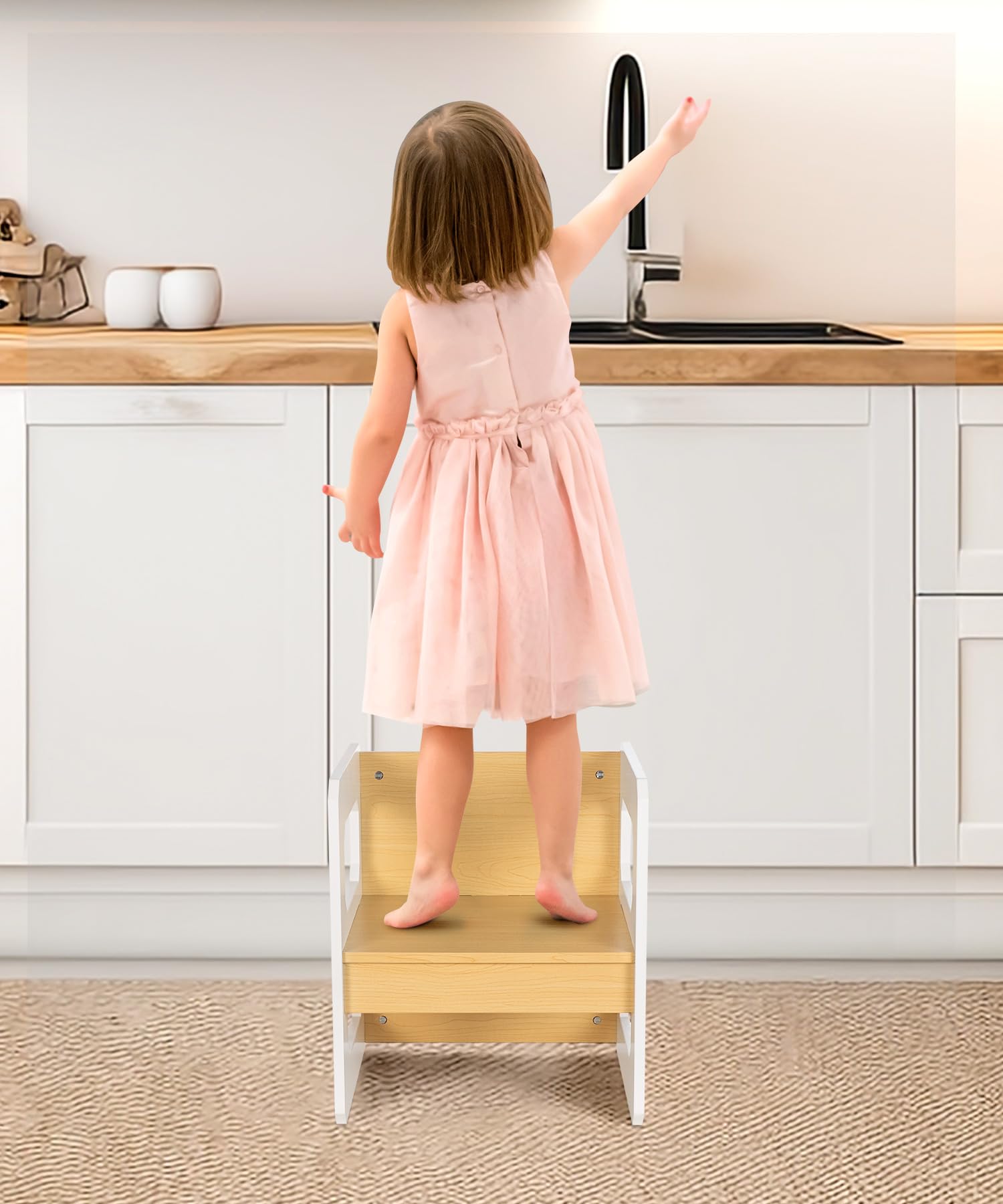 Yorbay Tisch und Stuhl Set für Kinder Kinderschreibtisch mit 1 Hockern, Kindersitzgruppe 3 in 1-Wendehocker & zum Kinderarbeitsplatz umwandelbarer Kinderbank, Kindermöbel(Natur, M)
