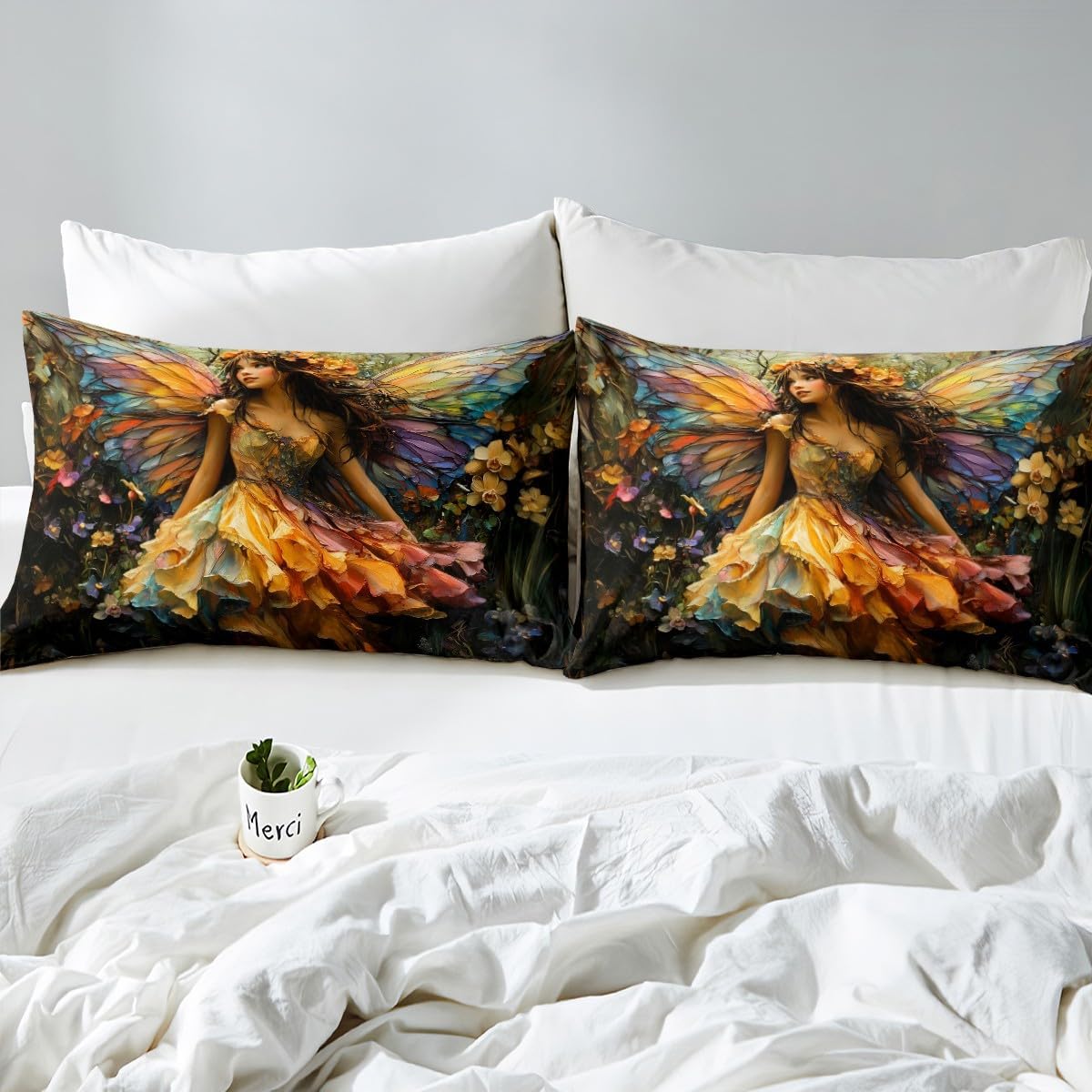 Butterfly Fairy Girl Bedding Sets Toddler Size,Watercolor Flowers Plant Garden Reversible Duvet Cover 2Pcs for Kids Bedroom,Sweet Princess Oil Painting Quilt Cover,1 Pillowcase (No Comforter)