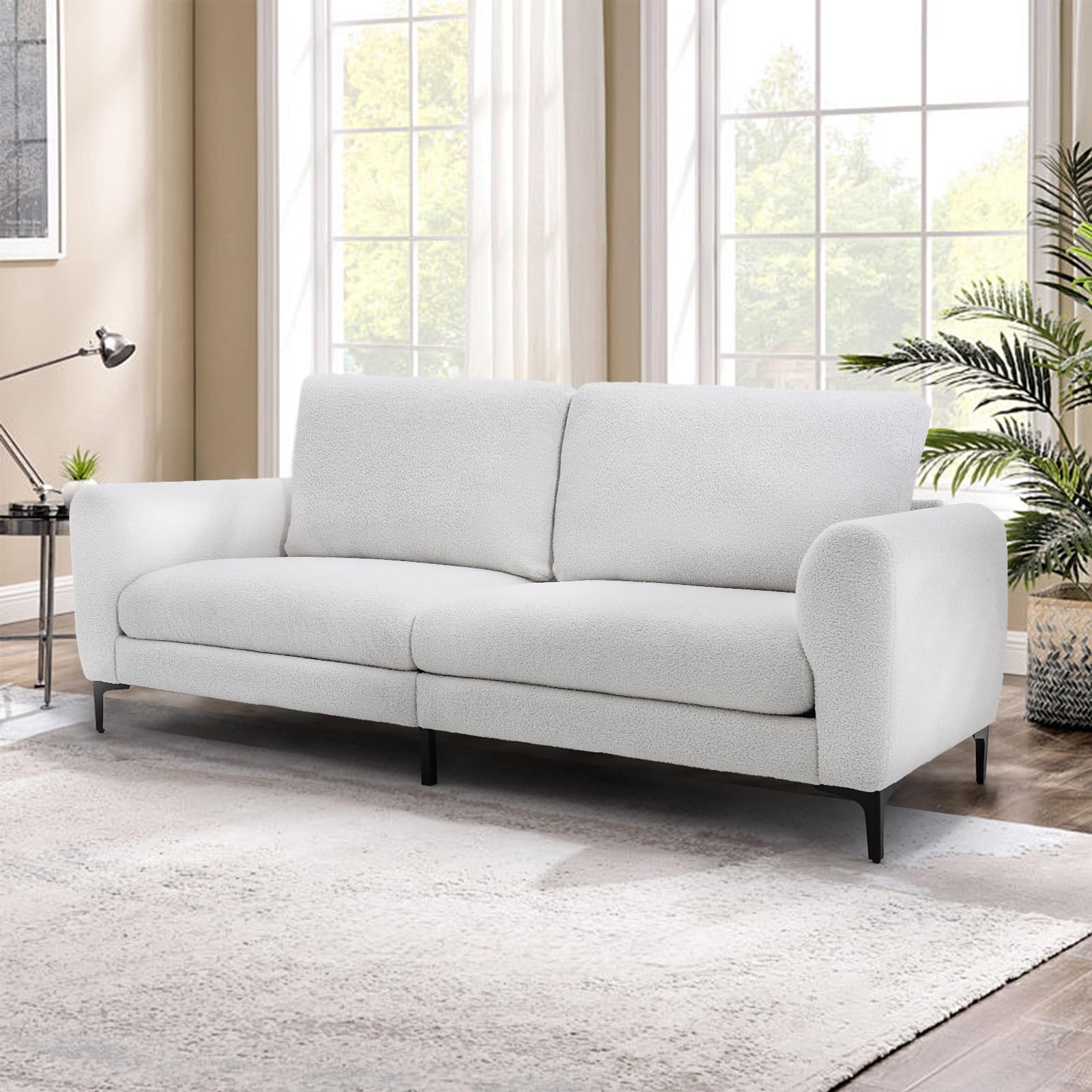 83" Sofa for Living Room, Teddy Fleece Love Seat Couch, Space Spring Cushions and Solid Wood Frame, Easy Assembly, White