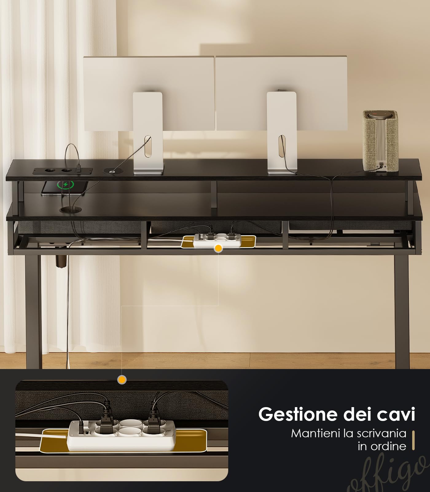 OffiGo Scrivania Elettrica con Cassetti, 120cm Scrivania Elettrica con Supporto per Monitor, Scrivania Gaming con Prese e LED Luminosa, Scrivanie, Nero