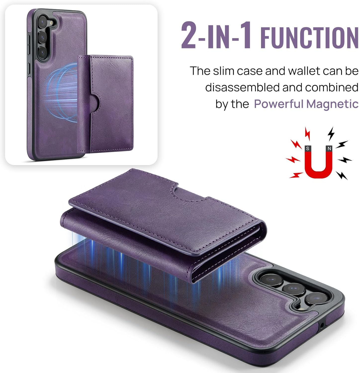 Asuwish Phone Case for Samsung Galaxy S23 5G Wallet Magnetic Detachable Cell Cover with Wireless Charging and RFID Blocking Credit Card Holder Stand S 23 23S GS23 G5 SM-S911U 6.1 inch Women Men Purple