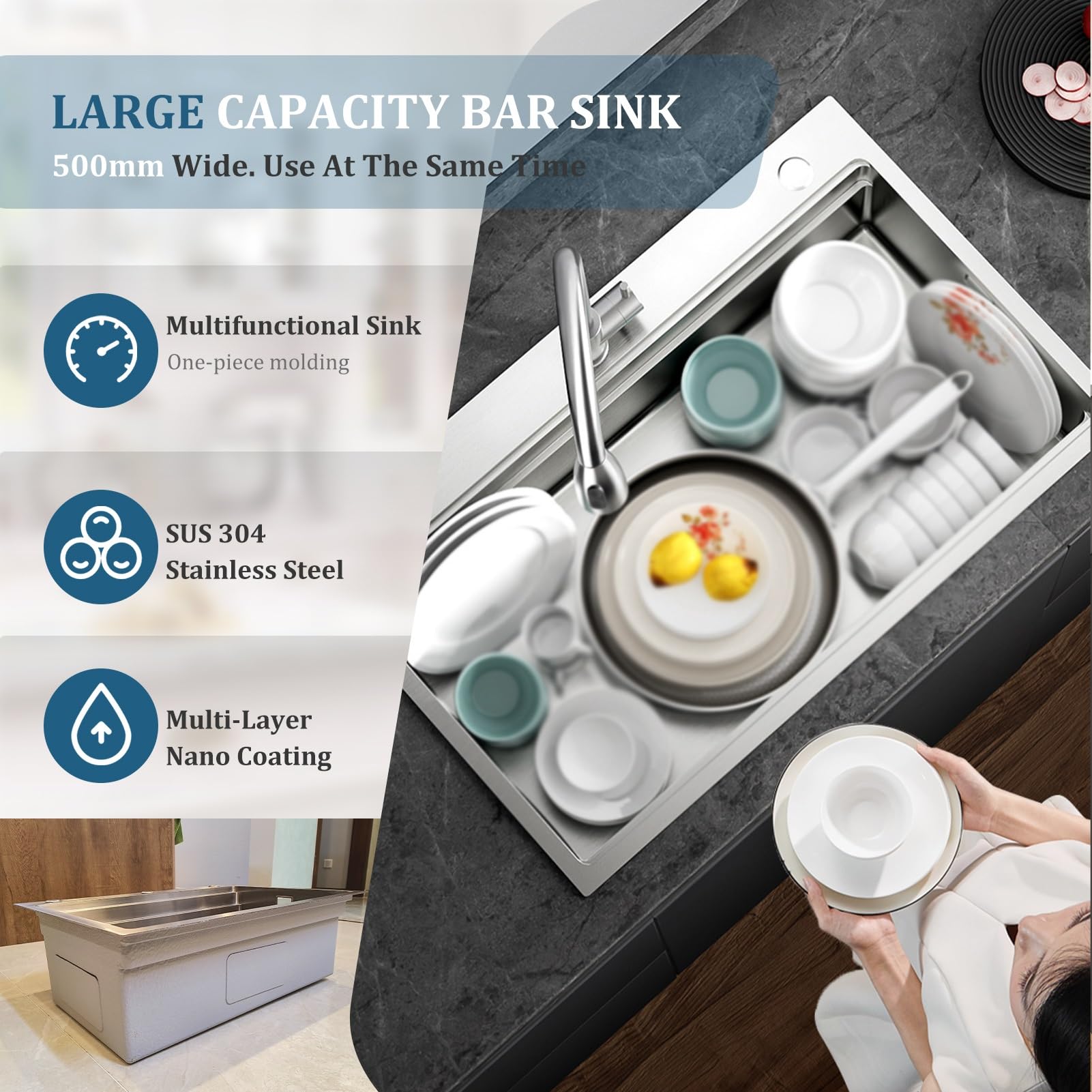 Lavello Da Cucina Multifunzione In Acciaio Inossidabile 304 Fatto A Mano, Lavello Da Cucina Grande A Una Vasca, Installazione A Filo O Soprapiano Con Vasca Rimovibile(70x50x21.5cm)