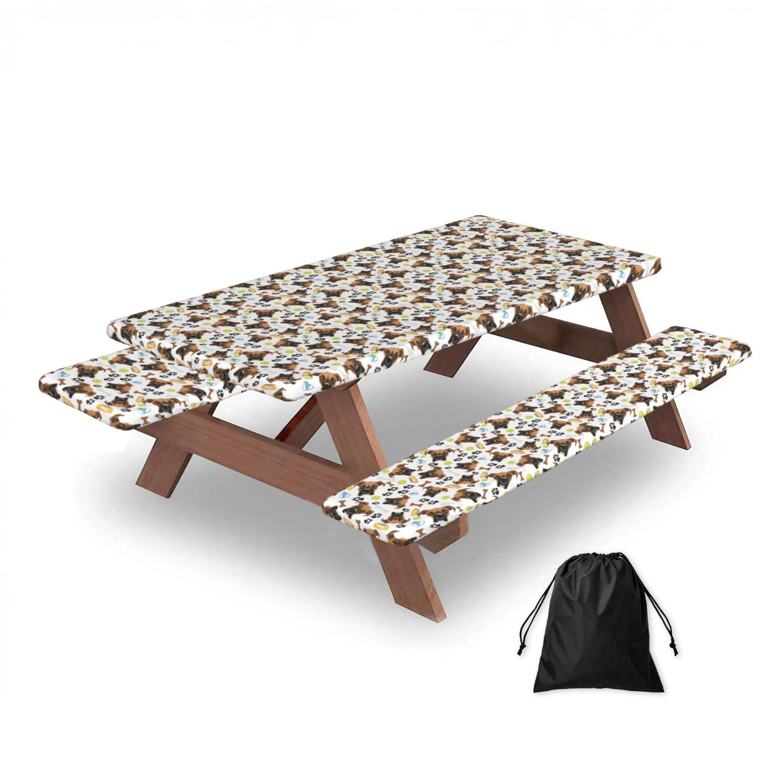Dopklna As Picture Smiling Dog Boxer, Picnic Table Cover With Bench Covers -Waterproof Elastic Fitted Tablecloth For Garden Camping Patio 76X152cm