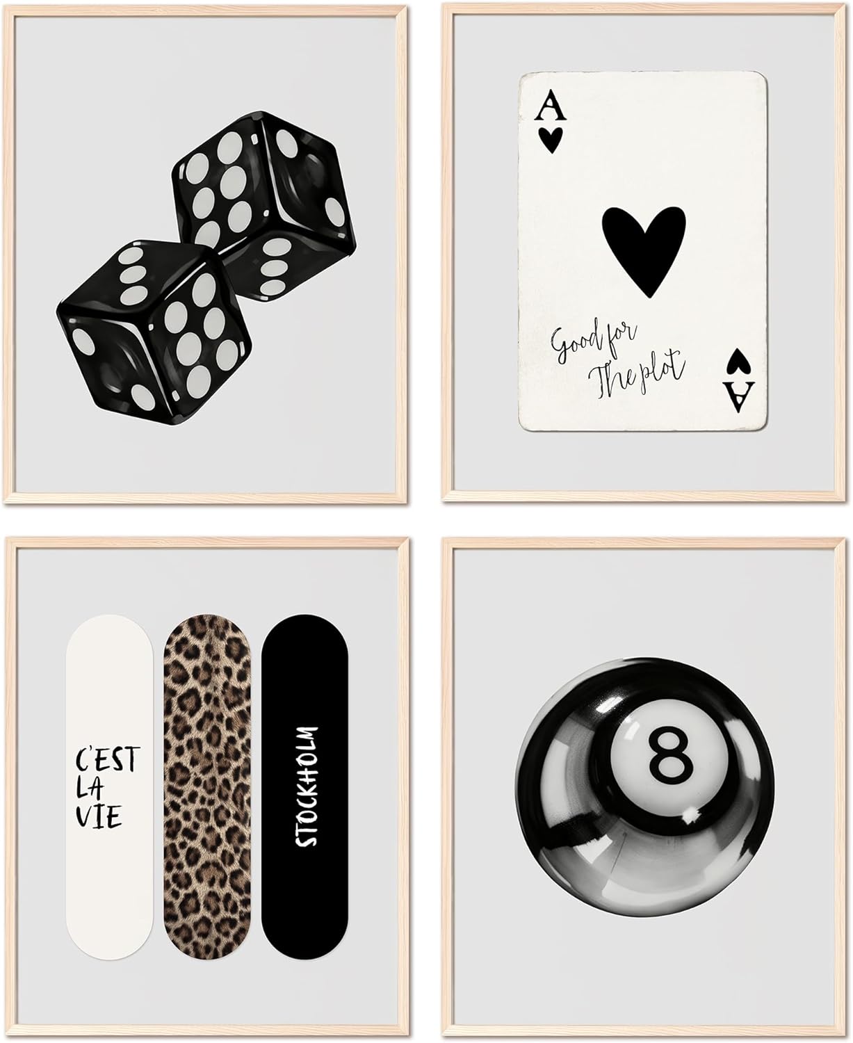 YUISLE Trendy Black and White Wall Art Posters, Leopard Coquette Stockholm Preppy Room Decor, Aesthetic Dice Poster Prints for Teen Girl's Dorm Bedroom, 8x10 Inch, 4 PCS(Unframed)