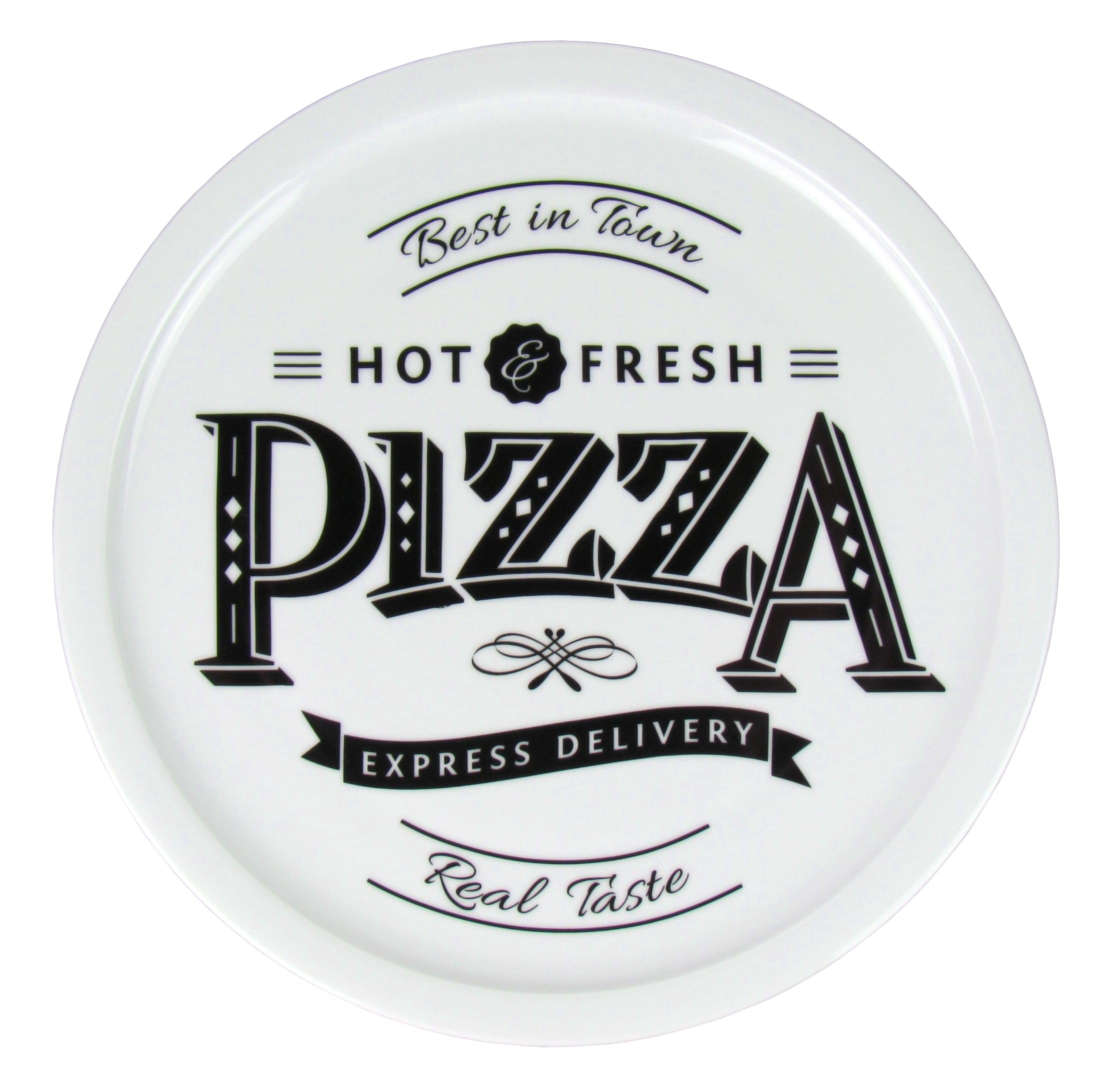 Lentz Pizzateller Ø 31cm aus Porzellan mit Retro Pizza Schriftzug - wahlweise inkl. Pizzaschneider (2er Set mit Pizzaschneider)