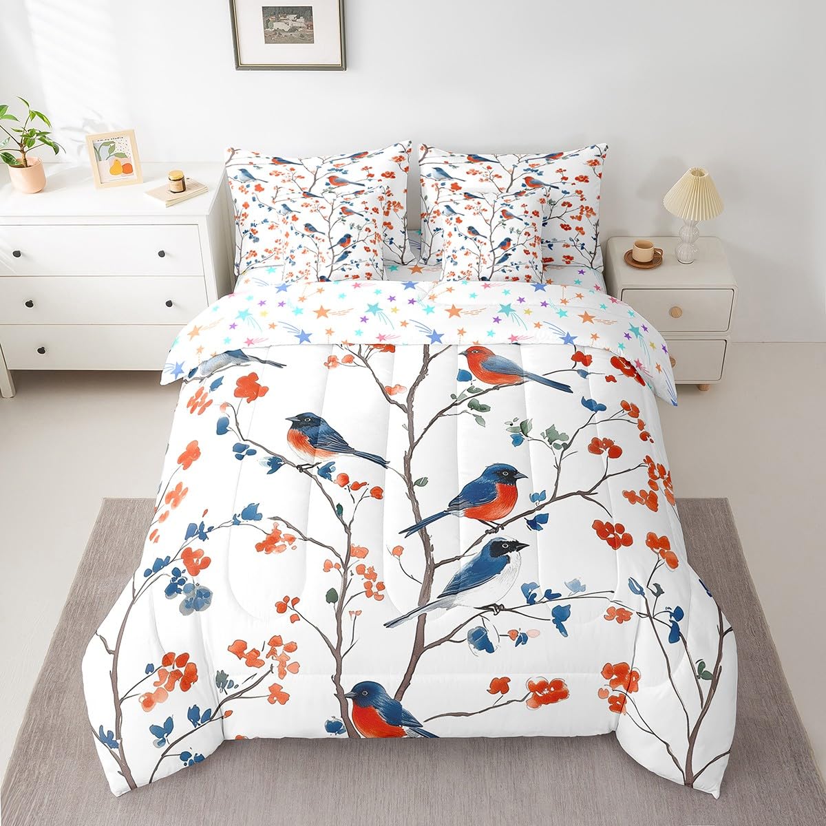 Feelyou Birds 7 Pieces Bedding Set Twin Size Flowers Comforter Set with Sheets for Kids Boys Girls Branches Bed in a Bag Leaves Bed Set Pearl White