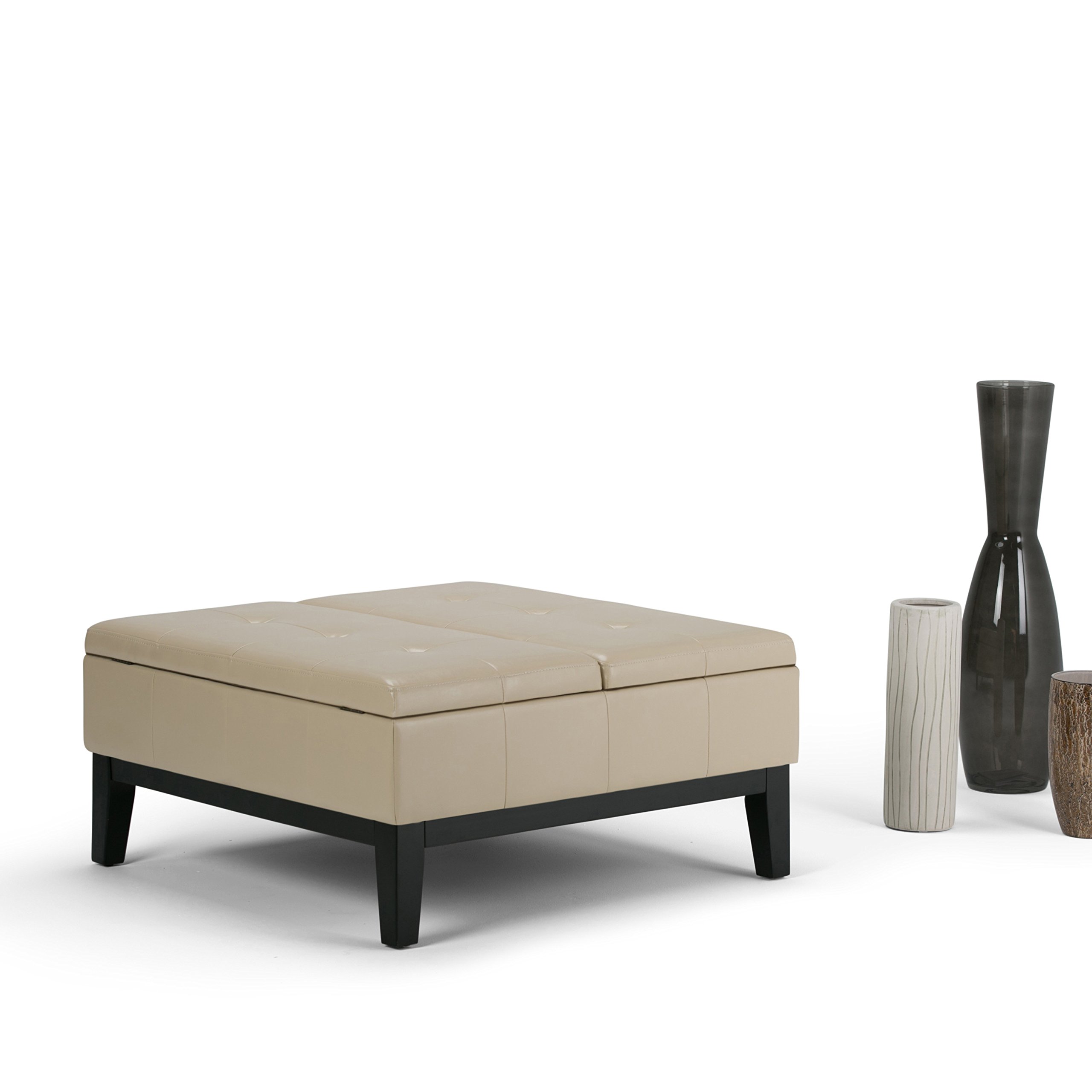 SIMPLIHOME Dover 36 inch Wide Contemporary Square Coffee Table Storage Ottoman in Satin Cream Vegan Faux Leather, Assembled, For the Living Room and Bedroom