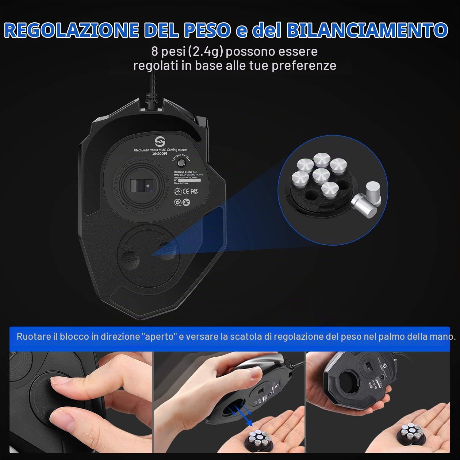 Utechsmart, mouse da gaming, Venus 16400 DPI, laser MMO Venus(Black)