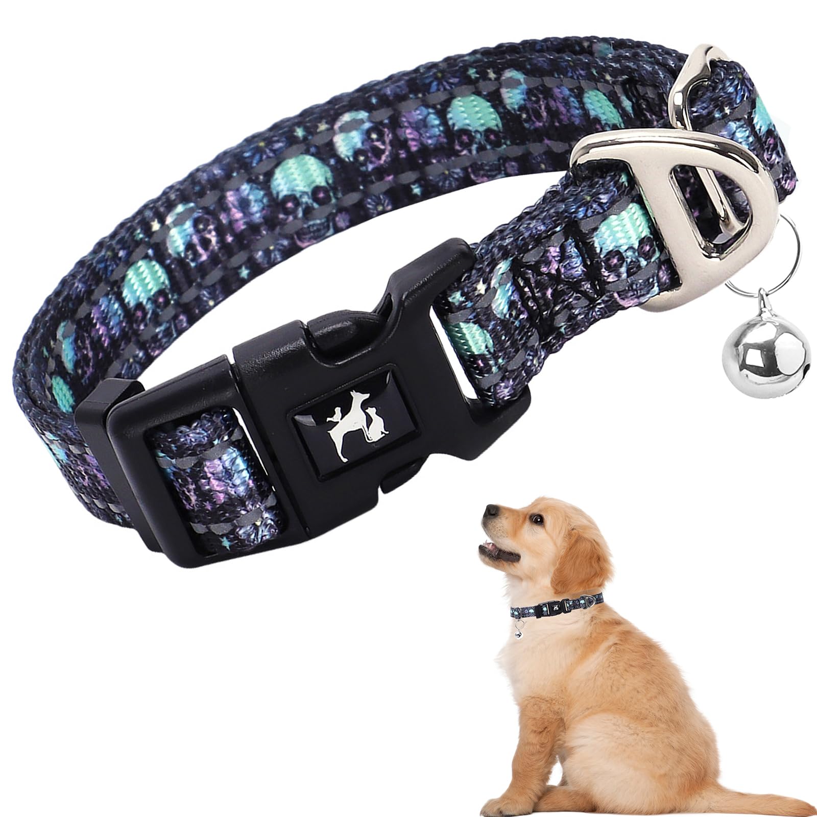 Reflective Puppy Collar with Bell for Small Dogs -Lightweight & Comfortable Soft Nylon Collars Gift for Boys or Girls Dogs -Skull XS