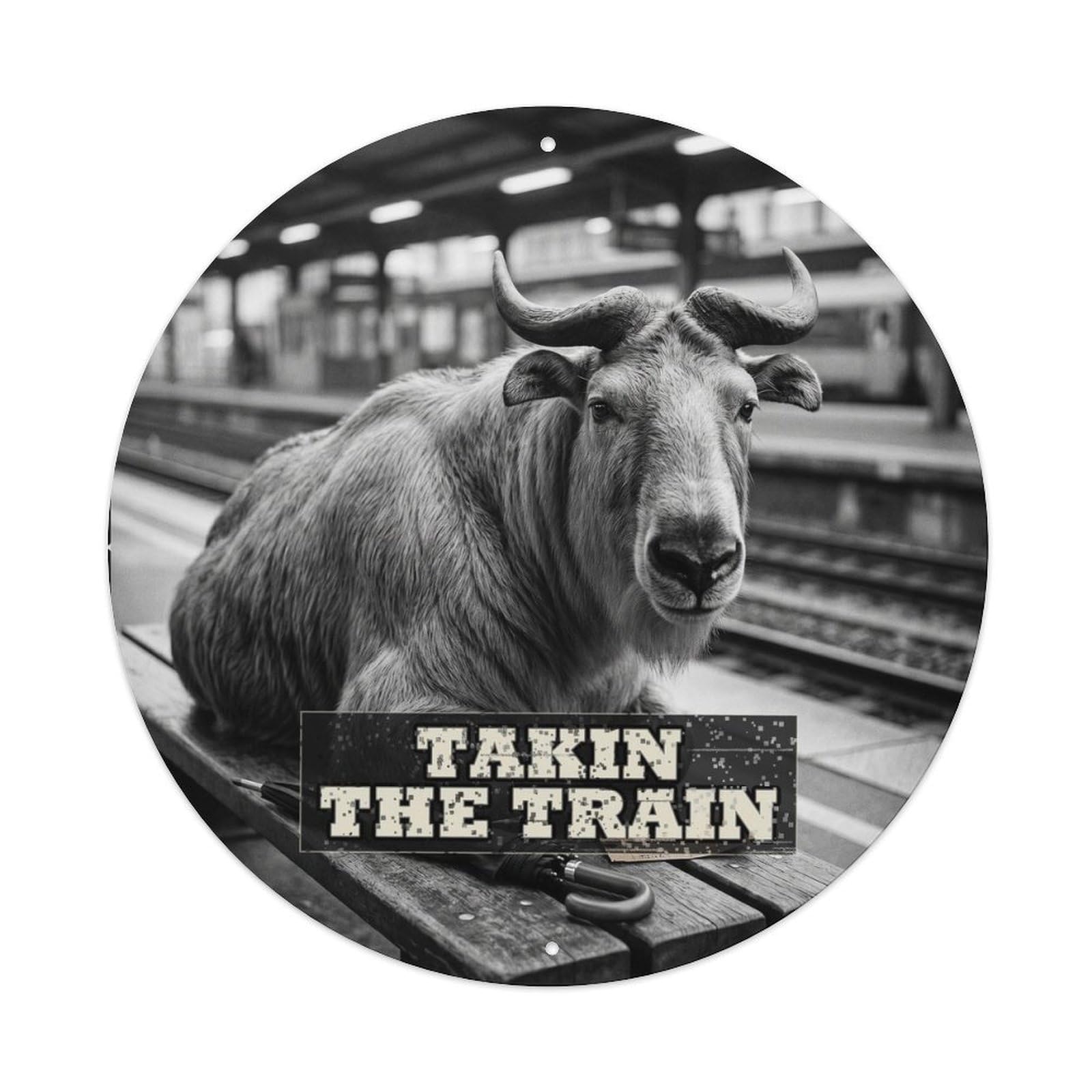 Animal Takin Train Platform Bench Absurd Wildlife Dark Humor Metal Tin Sign Plaque Wall Decor for Cafe, Man Cave, Club Bar, Office, Home Garden Round Metal Poster 8x8Inch