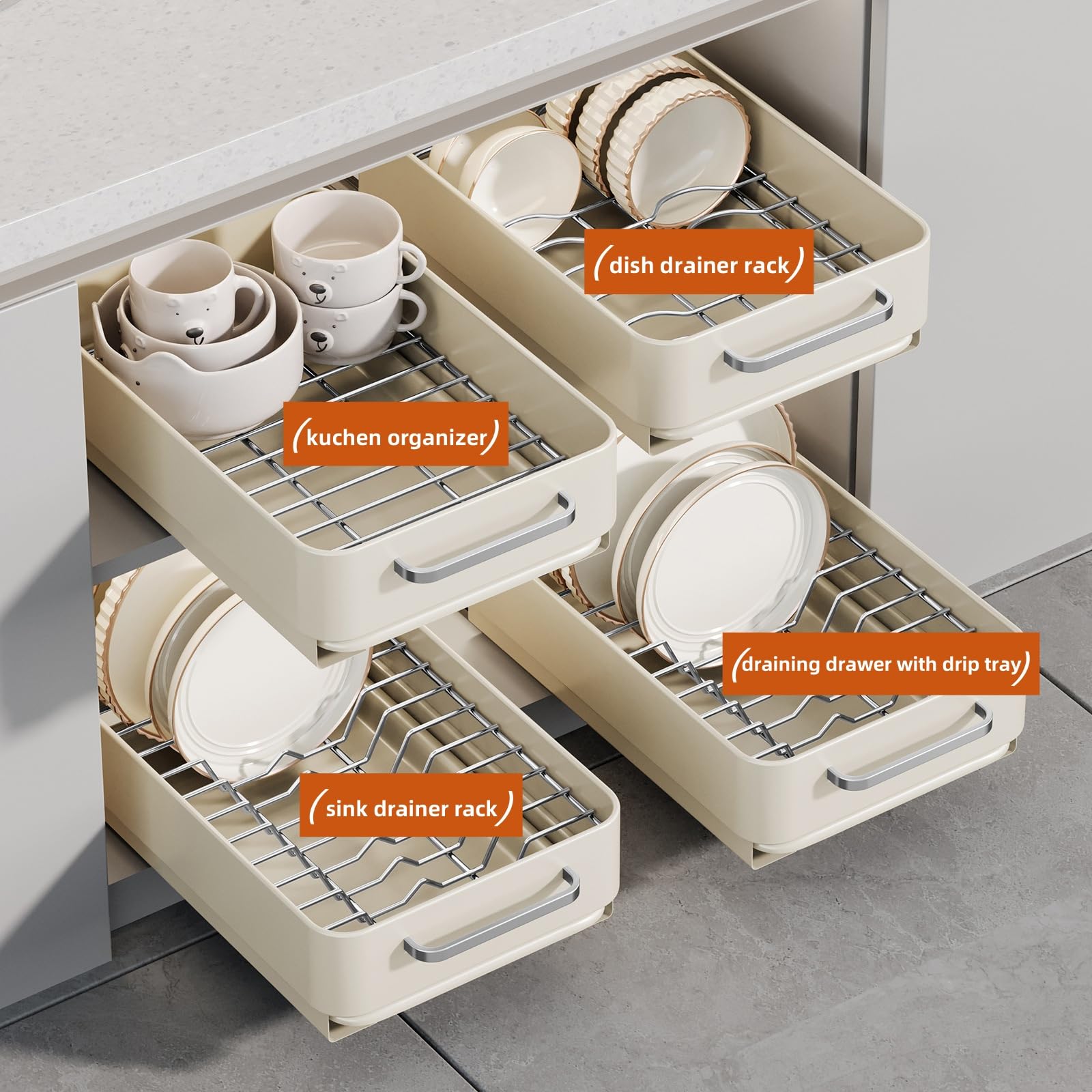 Organiseur de placard extractible avec plateau d'égouttement – Égouttoir à vaisselle avec égouttoir, support de couvercle de casserole et tiroirs de rangement coulissants pour le salon