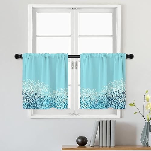 Batmerry Cortinas de nivel de vida marina del océano borde de coral azul borde de arrecife caribeño cortina de cocina corta multicapa de poliéster