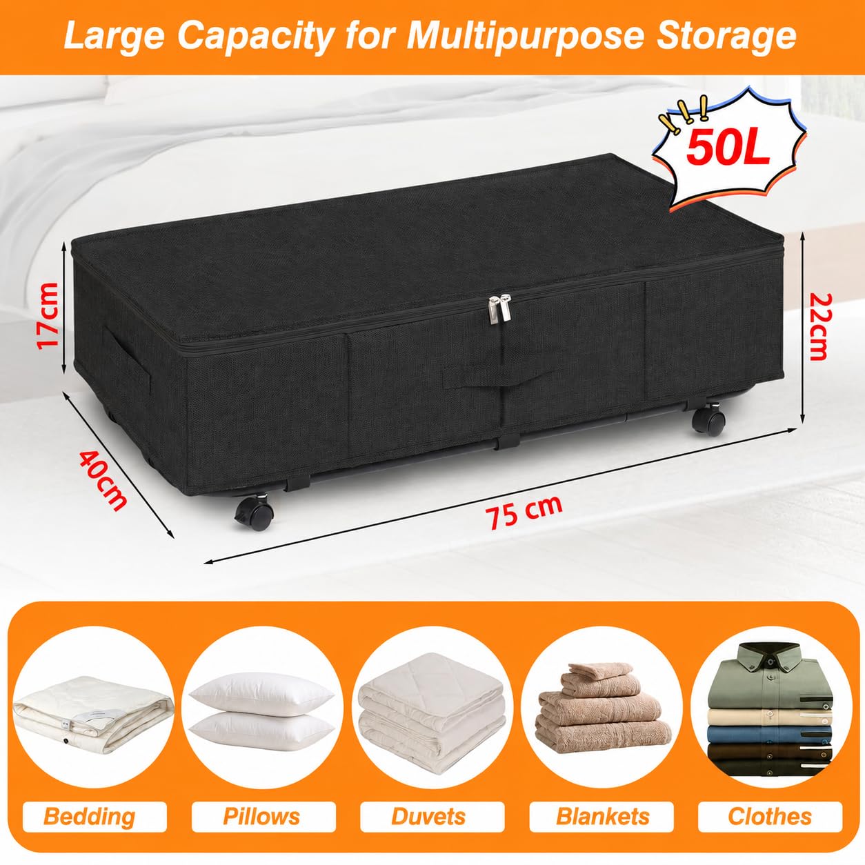 Contenitore Sottoletto con Ruote, 50L Grandi Contenitori Sottoletto, 2 Pezzi Scatole Sotto Letto Contenitore con Coperchio e Cerniere, Cassetto Sotto Letto per Vestiti Scarpe Libri (Nero)