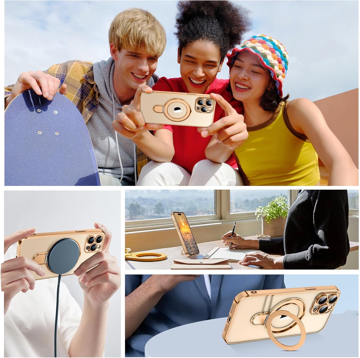 GUAGUA for iPhone 13 Pro Case with Stand, Magnetic Clear Cases Plating Edge Invisible Ring Holder Slim Shockproof Protective Kickstand Clear Case for iPhone 13 Pro 6.1'', Golden - Image 8