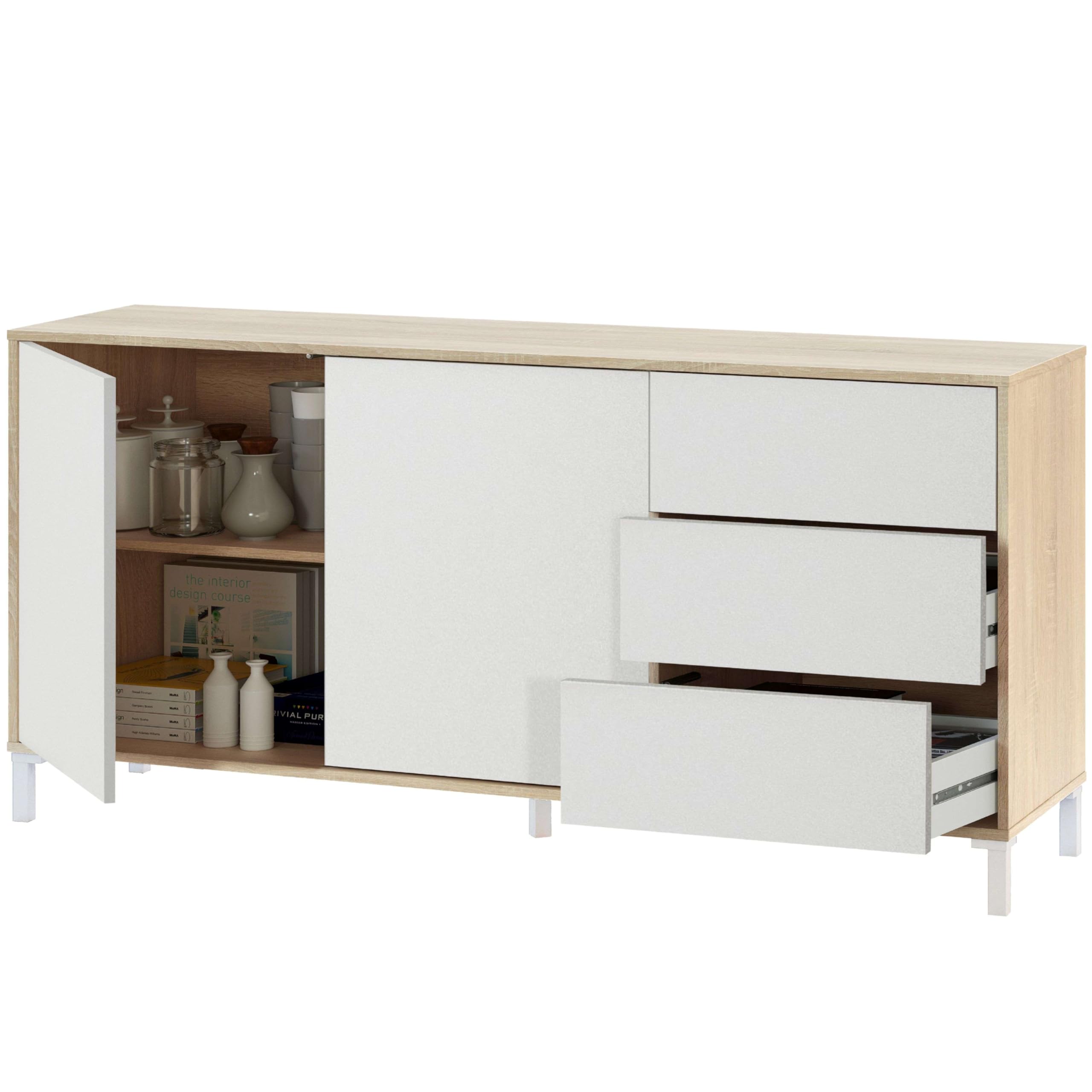 Habitdesign Aparador 2 Puertas + 3 Cajones, Buffet, Modelo Brooklyn, Acabado Roble Canadian y Blanco Artik, Medidas: 74 cm (Alto) x 154 cm (Ancho) x 41 cm (Fondo)