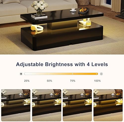 Miniatura 4 de MXV Mesa auxiliar moderna, mesas de café de 40 pulgadas con luces LED de 16 colores, mesa central rectangular de 2 niveles, gran espacio de