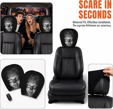 Cosiesnest 2-Pack Ghost Face Car Headrest Covers – Scary Printed Seat Dust Protectors, Soft Polyester Interior Accessories for Cars Interior Vehicle Truck SUV, Halloween Cars Decor (Style-01)