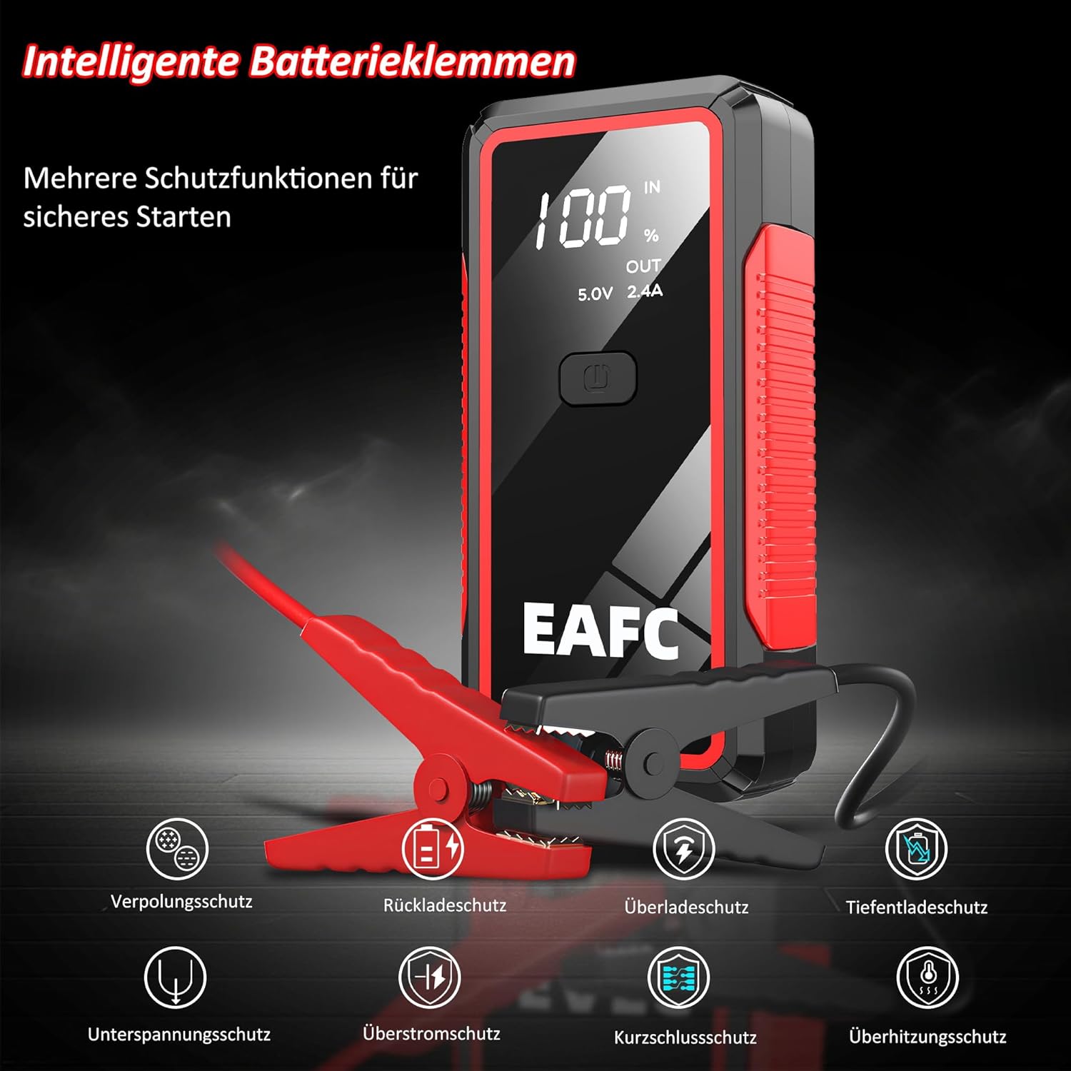 EAFC JC02 Jump Starter with intelligent battery clamps and safety icons