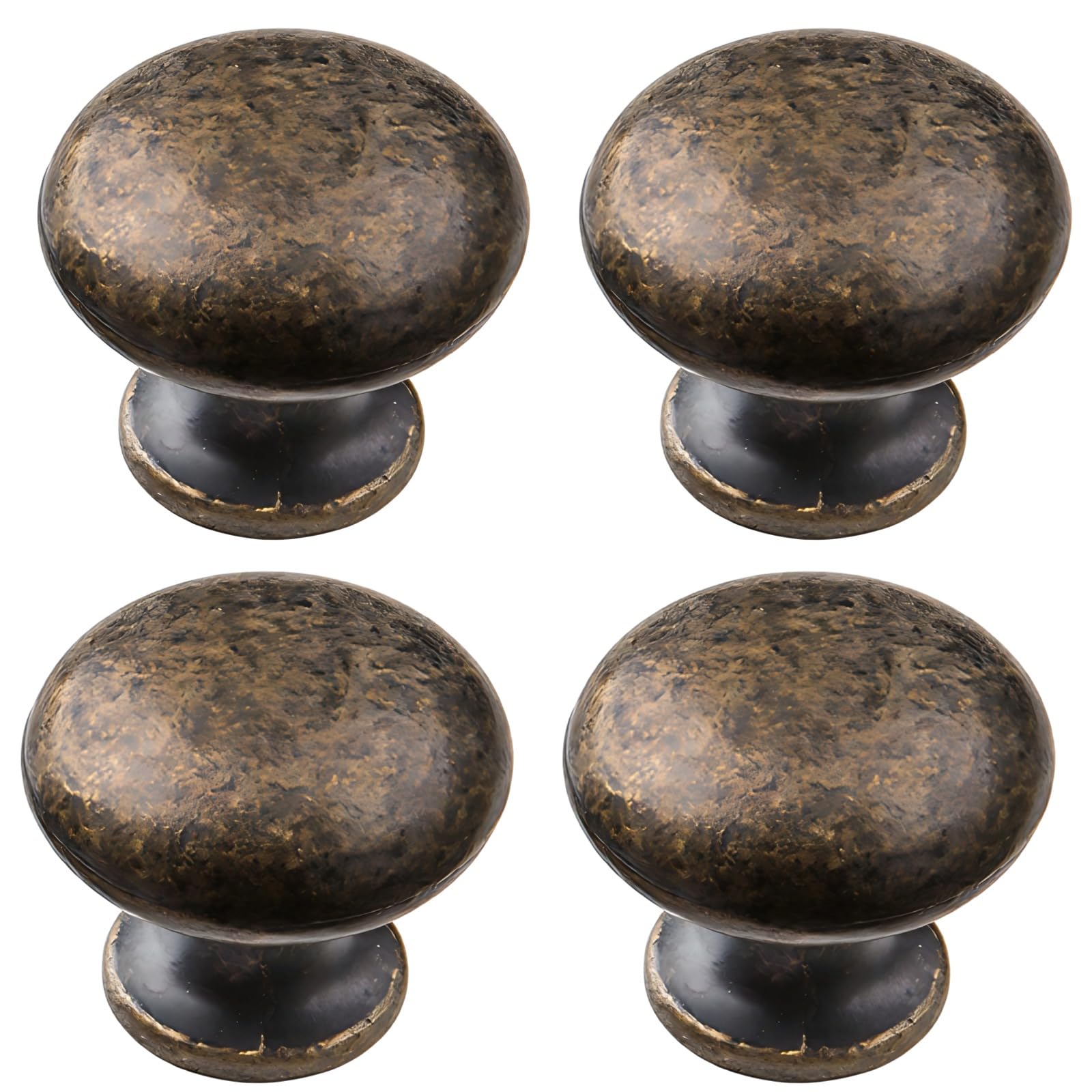 Skdqiee 4 Pcs Antique Cabinet Drawer Pulls, Solid Brass Knobs, Antique Bronze Knobs for Cabinets, Retro Round Furniture Hardware, Single Hole, Hand-Polished