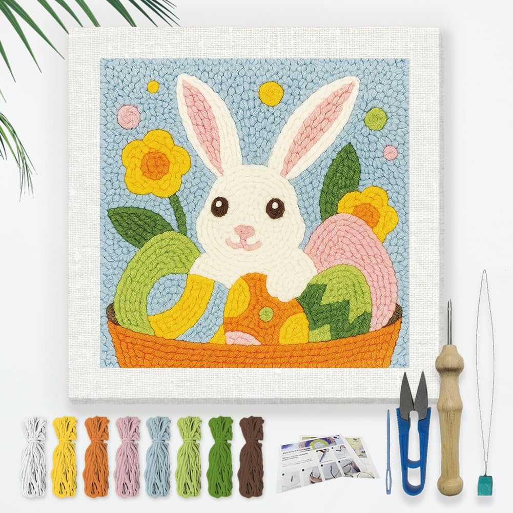 DOODLREAM Vibrant Easter Rabbit Eggs DIY Punch Needle Embroidery Kit for Adult Beginner, 24cm Cute Bunny Punch Stitching Craft Set for Starter with Frame, Fabric Pattern, Threader, Yarn, Punch Needle