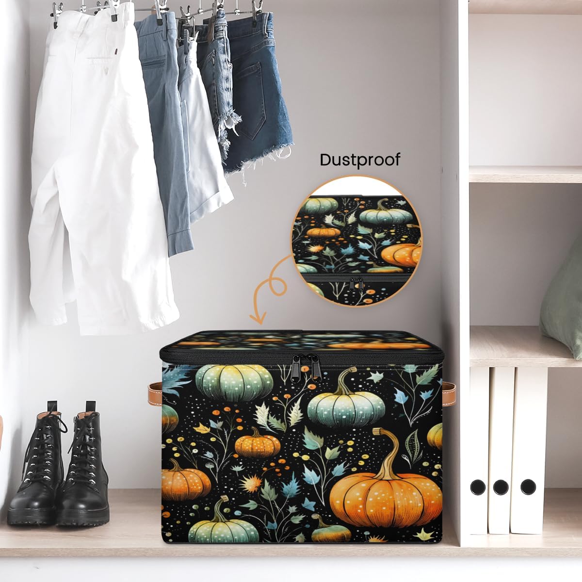 Storage Bin Set of 2 Pumpkin Leaves Storage Basket with Zipper Lid & Handle Foldable Closet Shelf 2 Pack Cloth Organizer Basket Cube Bins Clothes Organizer for Bedroom, Nursery