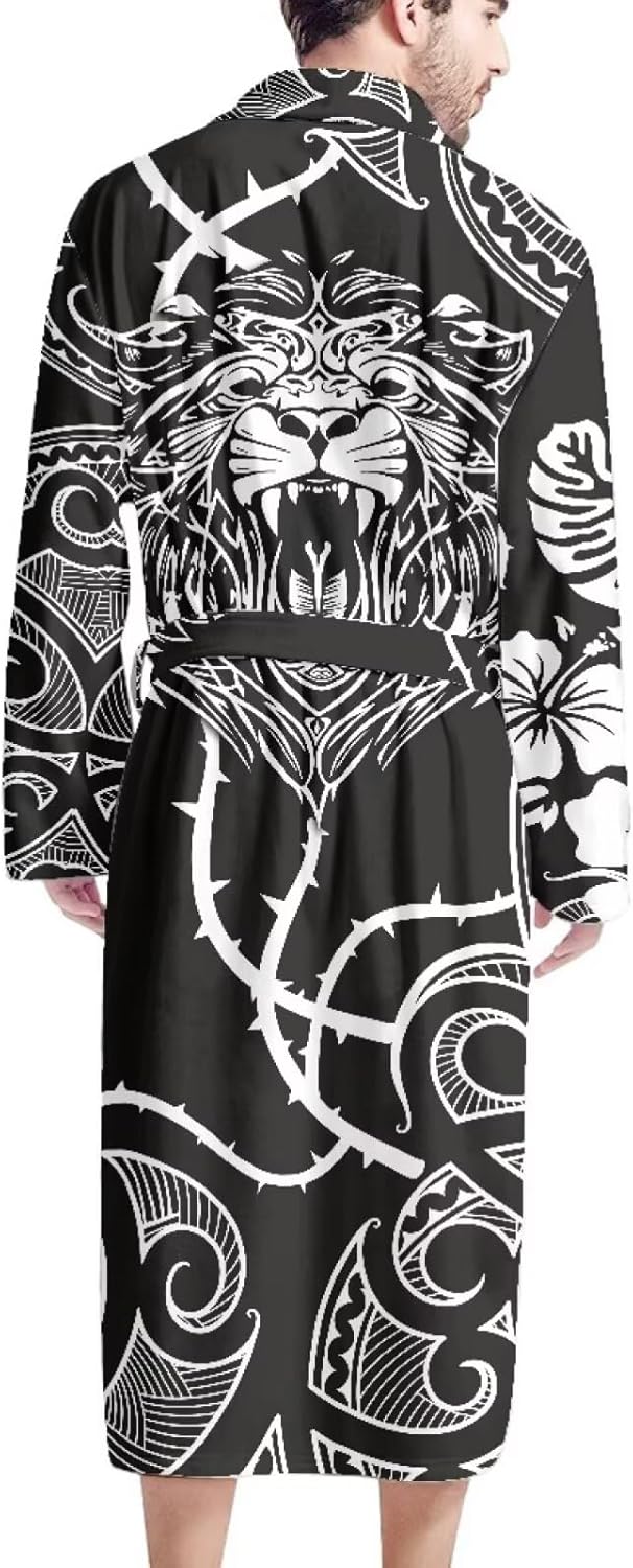 Poceacles Warm Plush Men's Bathrobes Aztec Tribe Style Pajama Shawl Robes with Tie Belt V-neck Sleepwear Nightgown